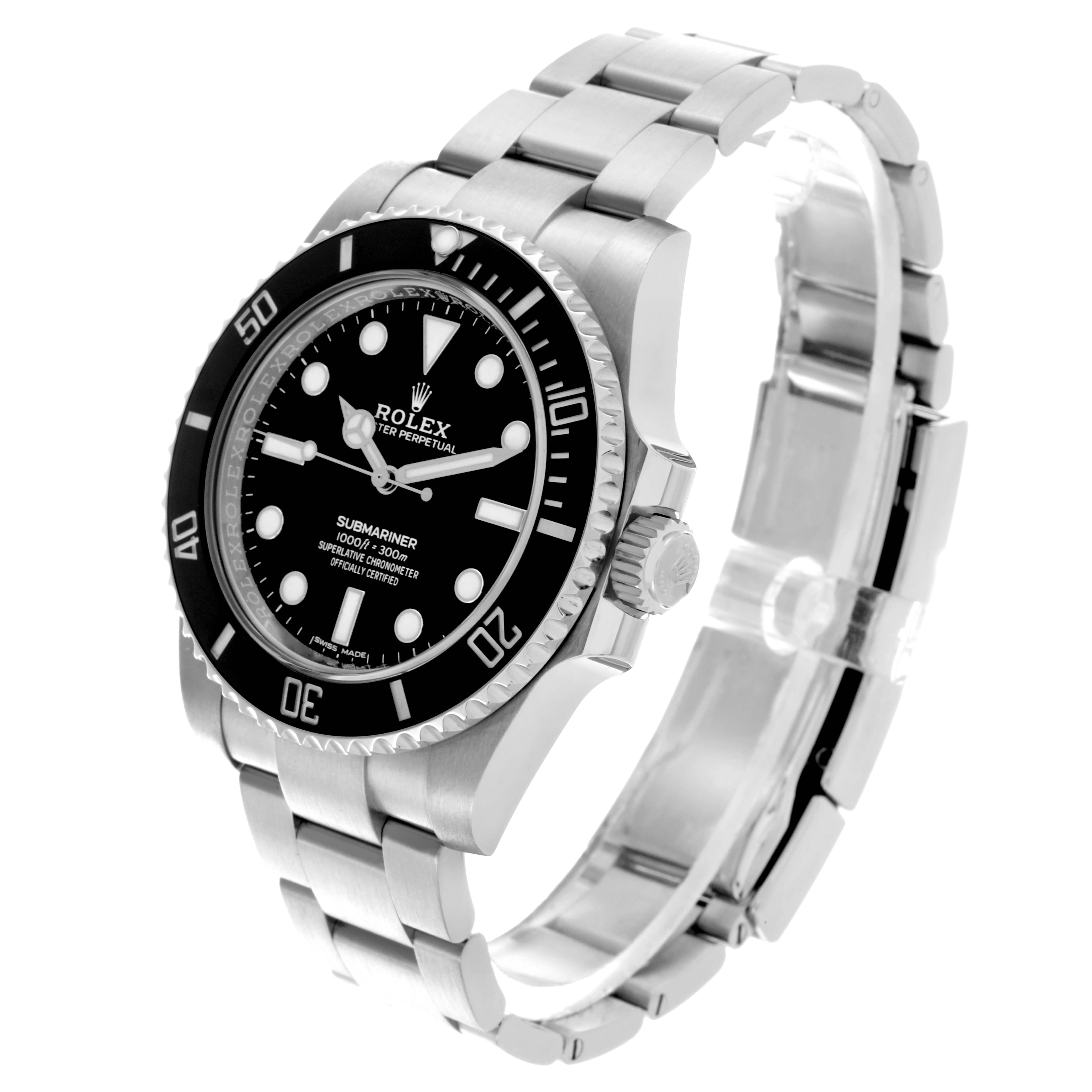 The Rolex Submariner 114060 Men's Stainless Steel Black Dial 114060 Men's Stainless Steel Black Dial watch is shown at a three-quarter angle displaying its bezel, dial, hands, crown, and bracelet.