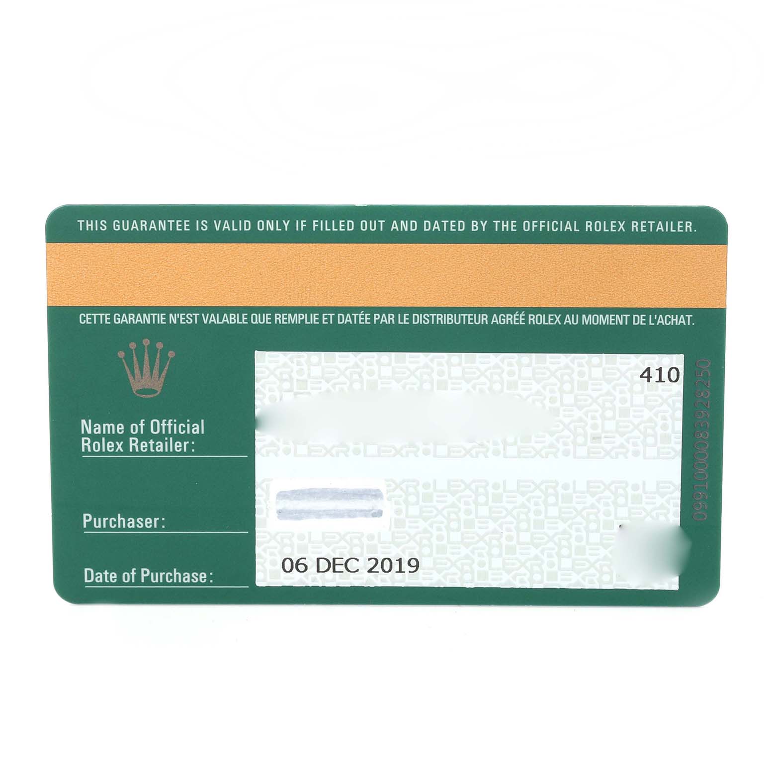 The image shows a guarantee card for the Rolex Submariner 114060 Men's Stainless Steel Black Dial 114060 Men's Stainless Steel Black Dial, highlighting purchase details.