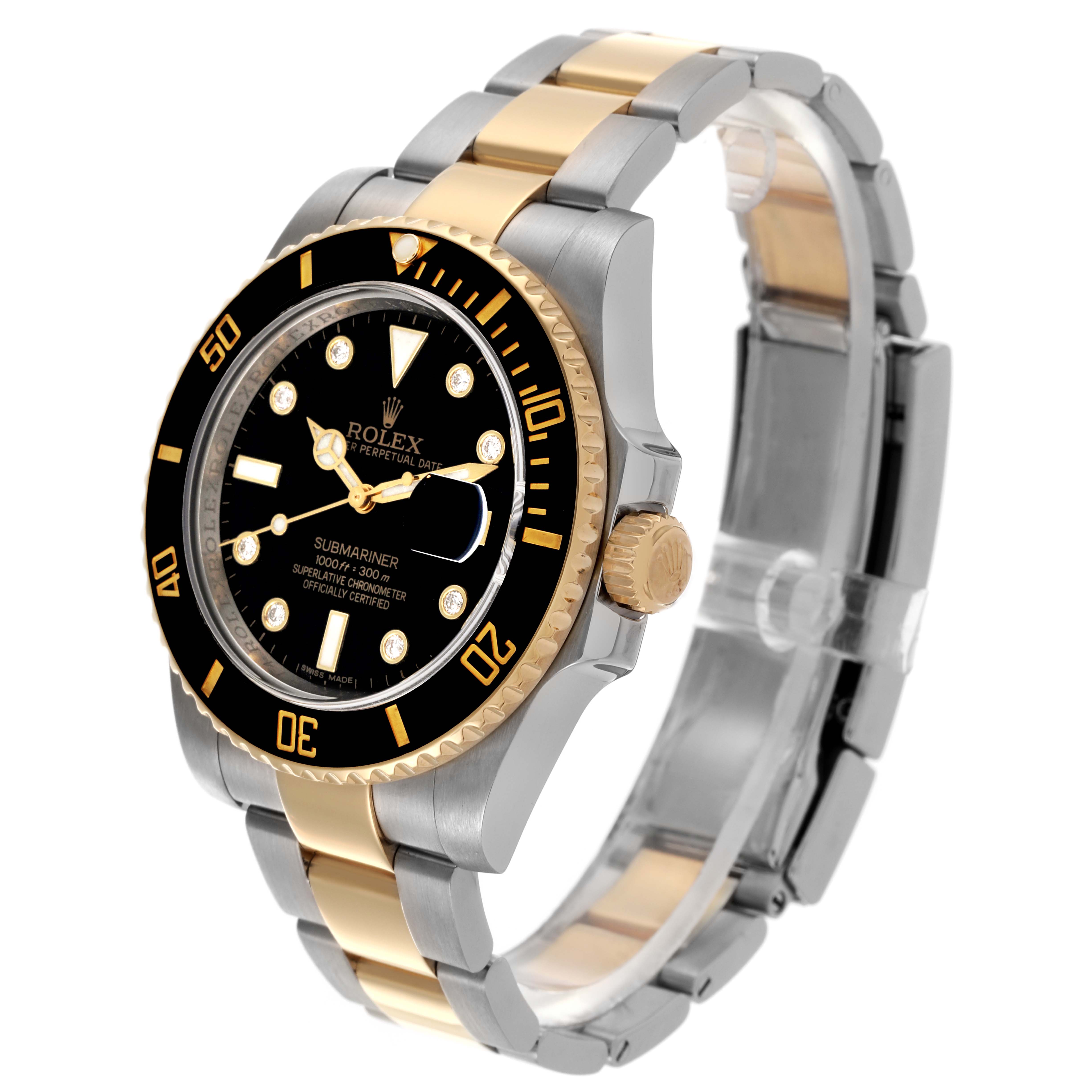 The Rolex Submariner 116613 Men's Steel and Gold (two tone) Black Dial 116613 Men's Steel and Gold (two tone) Black Dial is shown at a slight angle, displaying the face, bezel, crown, and full bracelet.