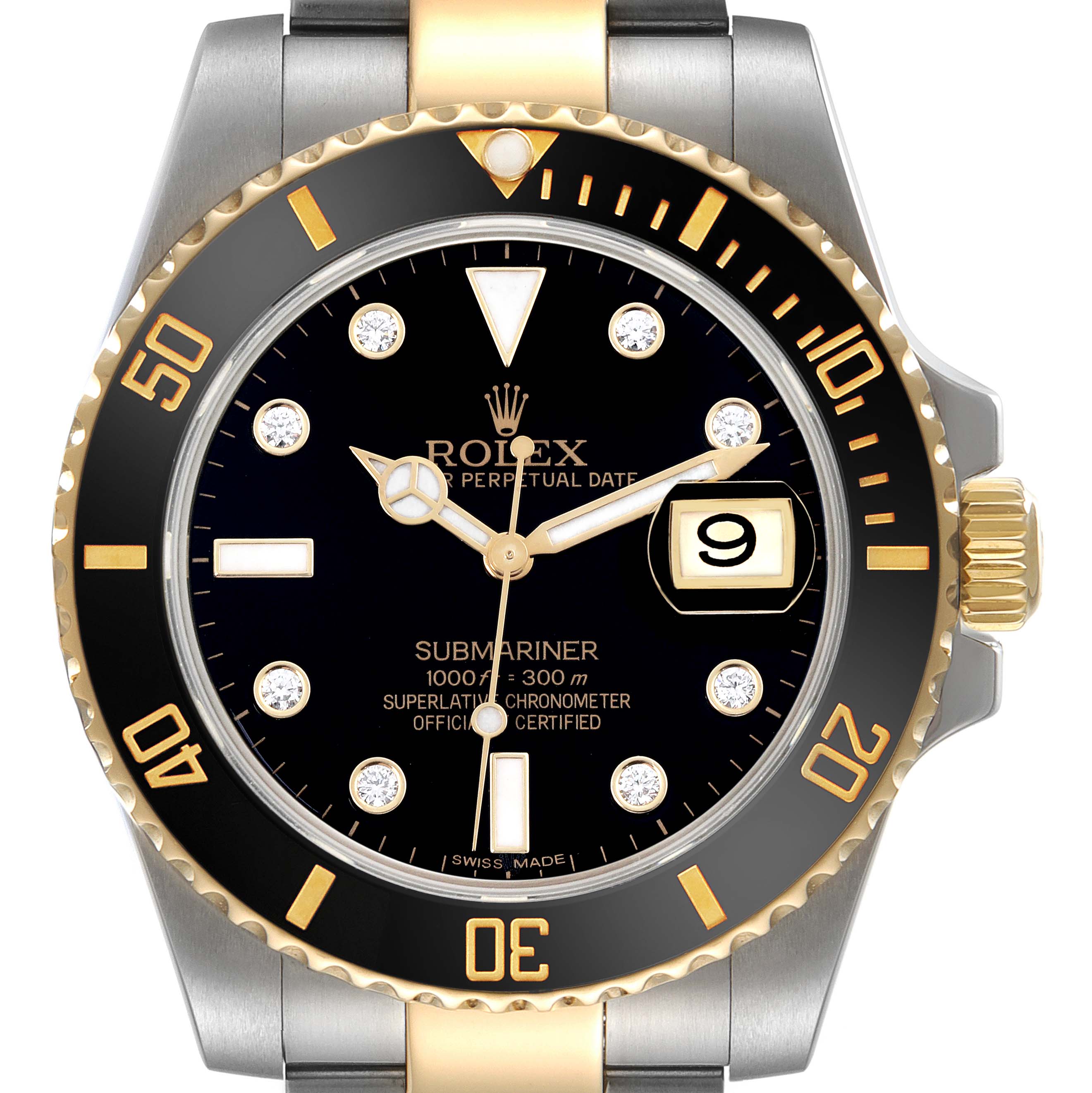 The Rolex Submariner 116613 Men's Steel and Gold (two tone) Black Dial 116613 Men's Steel and Gold (two tone) Black Dial watch is shown from the front, highlighting its black dial, gold accents, bezel, and bracelet.