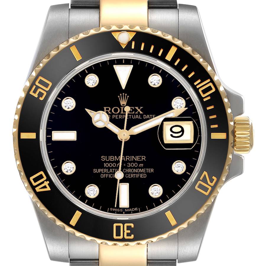 The Rolex Submariner watch is shown from the front, highlighting its black dial, gold accents, bezel, and bracelet.