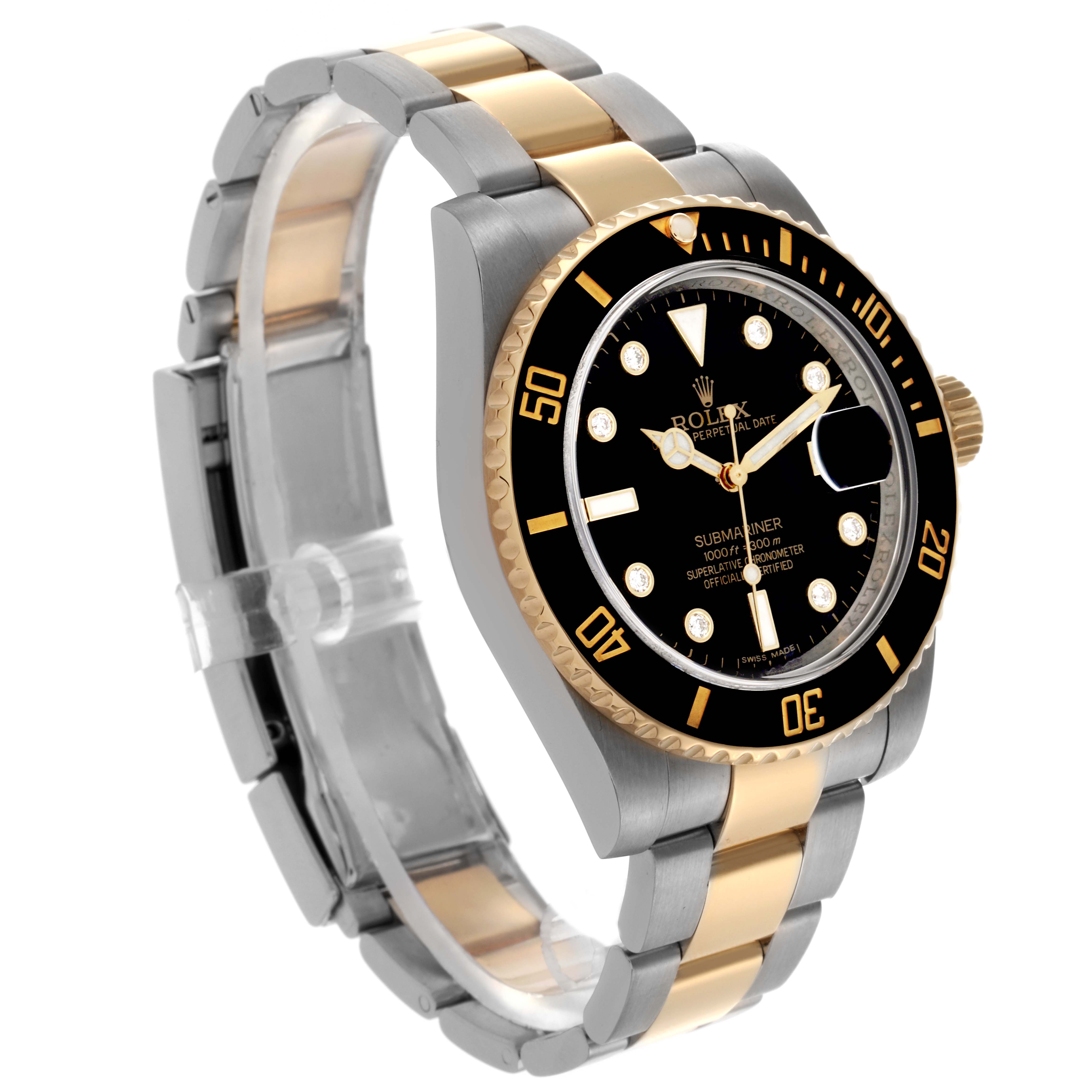The Rolex Submariner 116613 Men's Steel and Gold (two tone) Black Dial 116613 Men's Steel and Gold (two tone) Black Dial watch is shown at a three-quarter angle, displaying the face, bezel, crown, and bracelet.