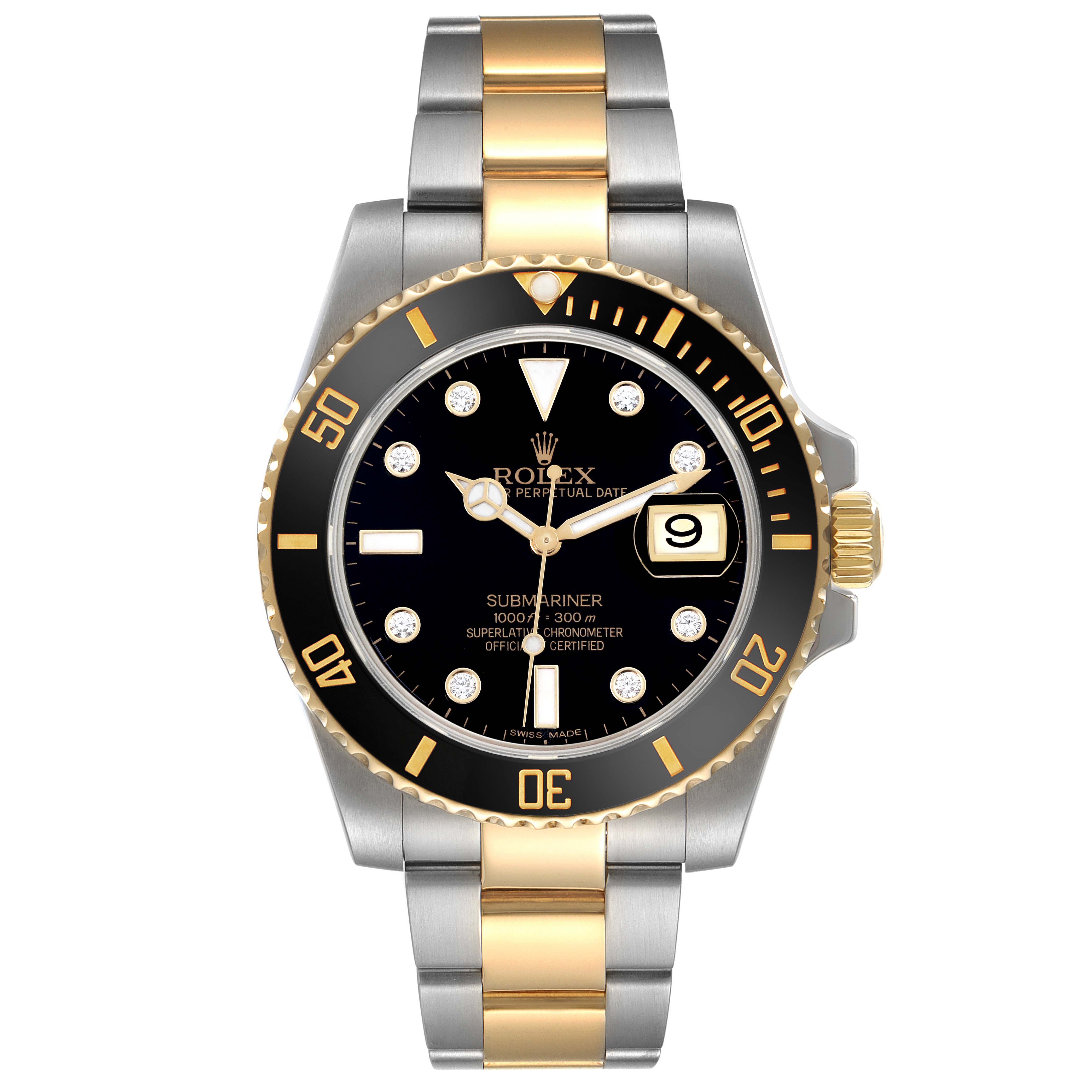 The Rolex Submariner 116613 Men's Steel and Gold (two tone) Black Dial 116613 Men's Steel and Gold (two tone) Black Dial watch is shown from a front angle, highlighting its bezel, dial, and bracelet.