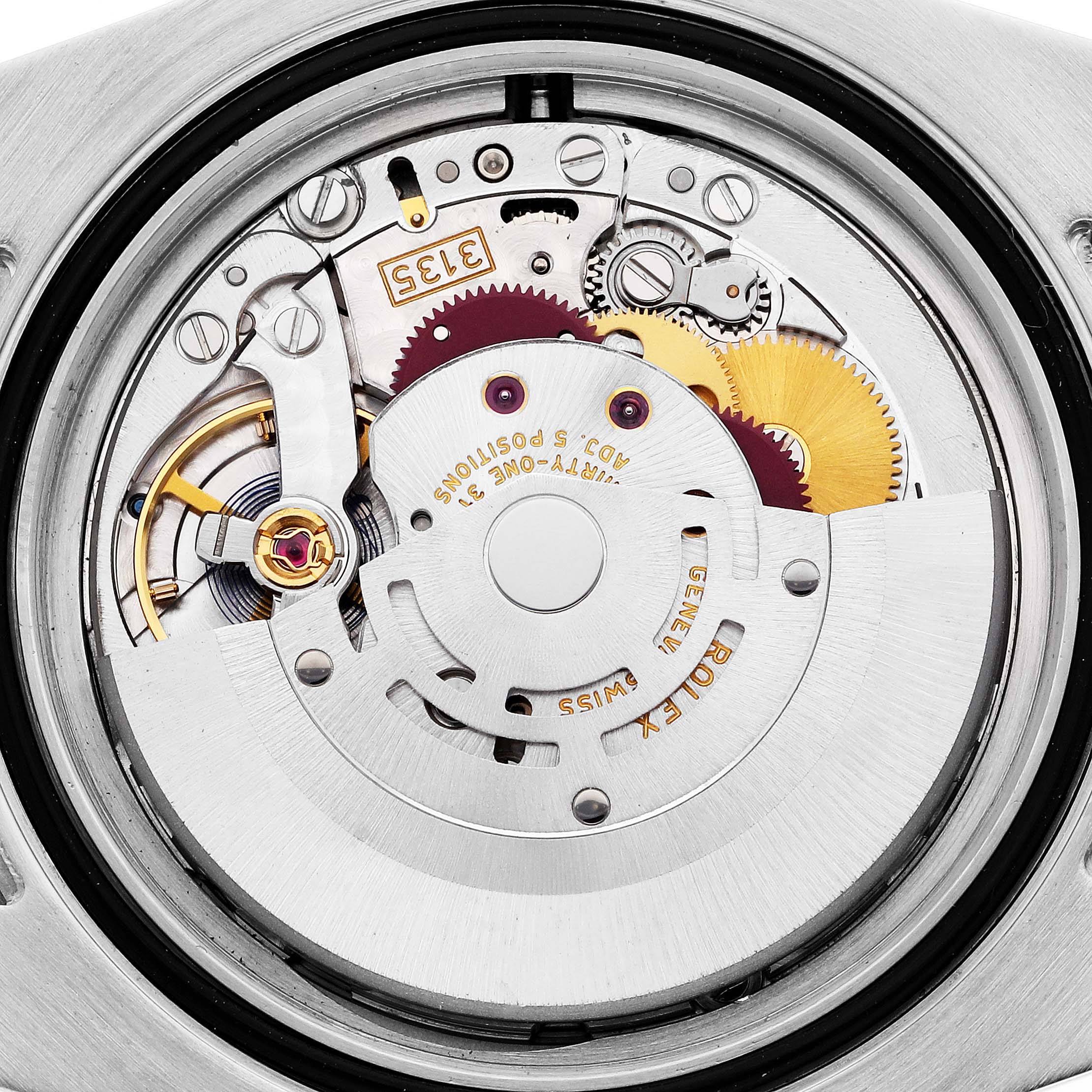 The image shows the internal mechanism of a Rolex Submariner 116613 Men's Steel and Gold (two tone) Black Dial 116613 Men's Steel and Gold (two tone) Black Dial watch from a top-down view, highlighting gears and the rotor.