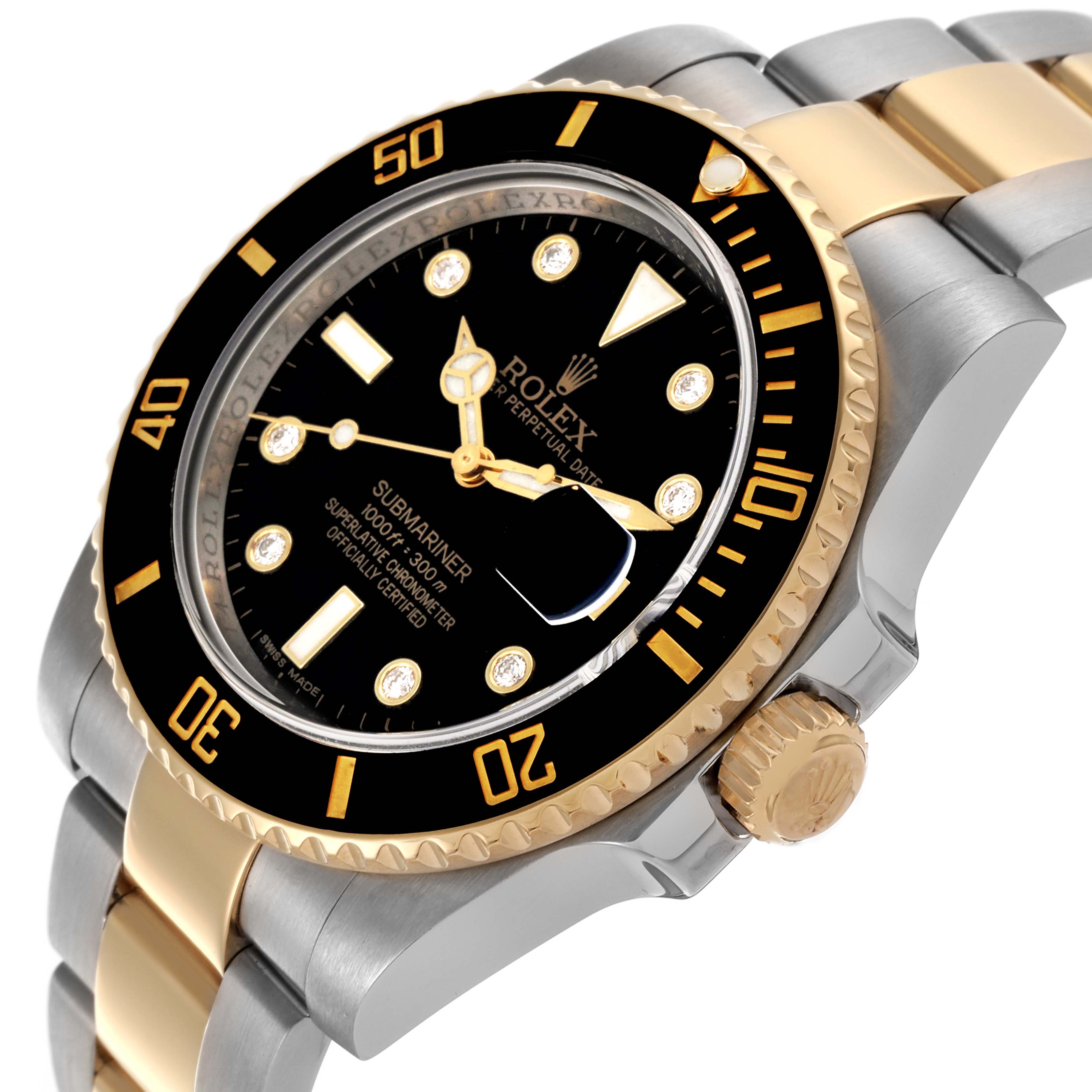 The image shows a Rolex Submariner 116613 Men's Steel and Gold (two tone) Black Dial 116613 Men's Steel and Gold (two tone) Black Dial watch at a three-quarter angle, highlighting the bezel, dial, and two-tone bracelet.