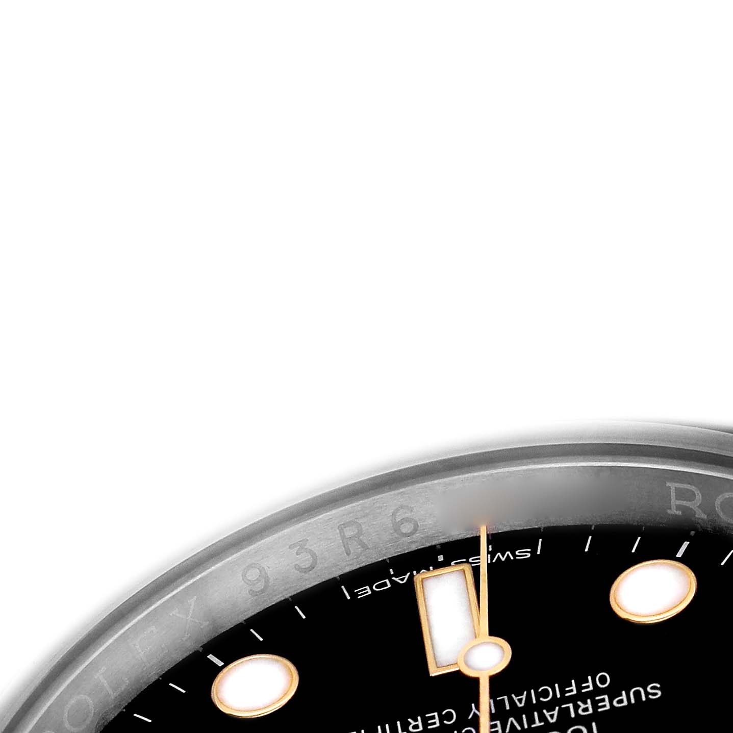 The image shows a partial close-up of the dial and bezel of a Rolex Submariner 116613 Men's Steel and Gold (two tone) Black Dial, focusing on the indices and text.
