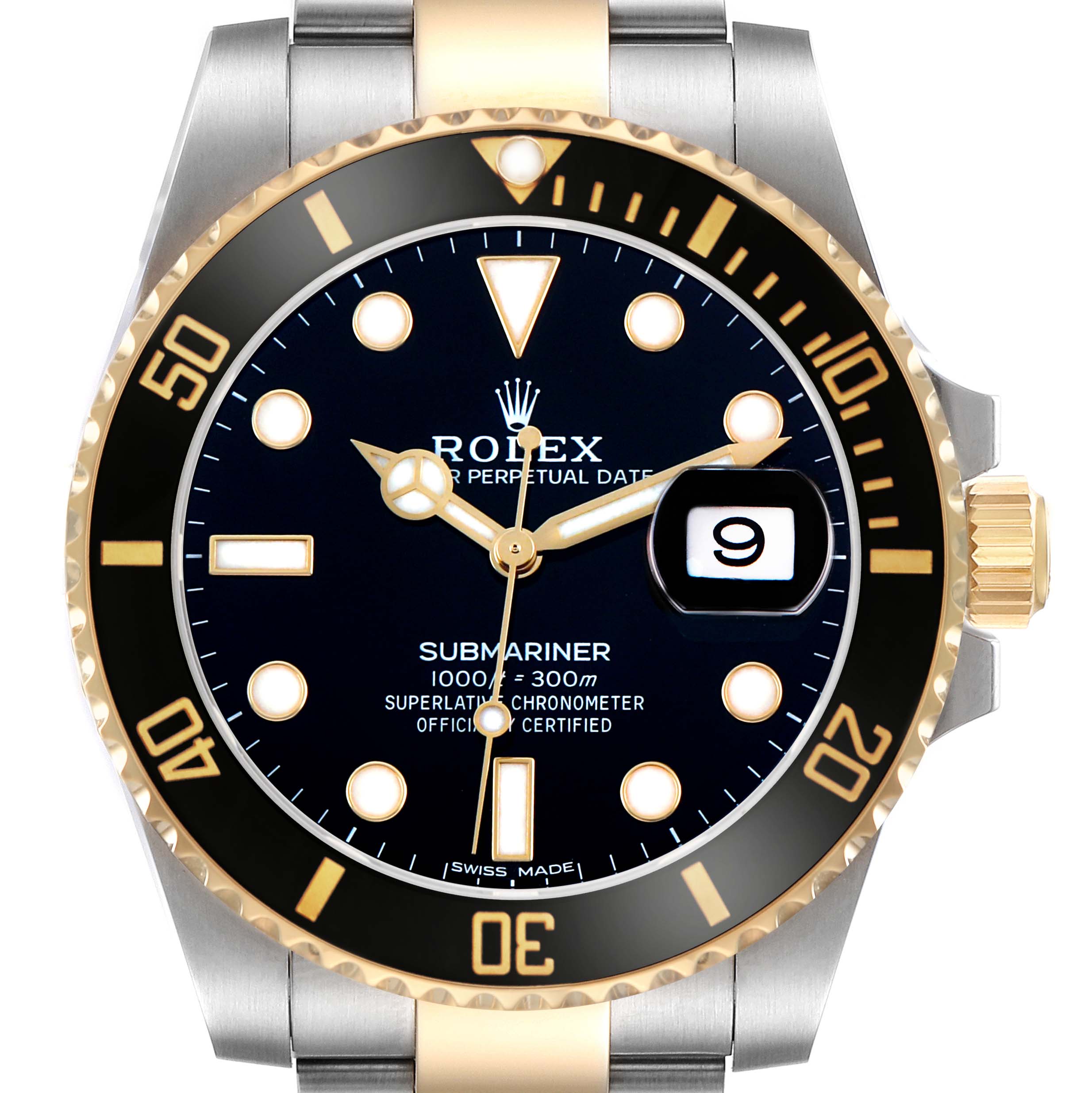 The Rolex Submariner 116613 Men's Steel and Gold (two tone) Black Dial watch is shown from a front angle, highlighting the dial, bezel, and date feature.