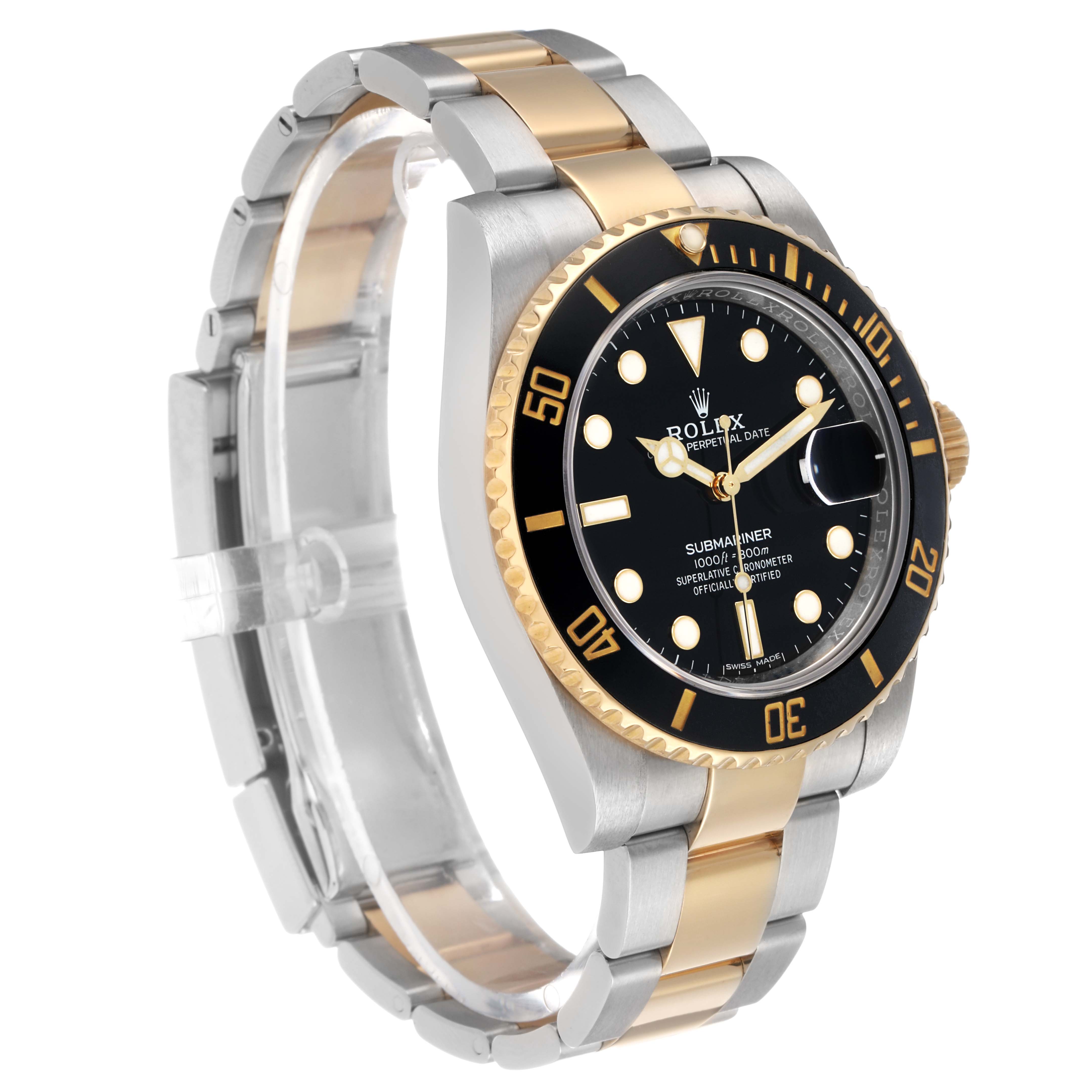 The image shows a Rolex Submariner 116613 Men's Steel and Gold (two tone) Black Dial watch at a three-quarter angle, highlighting the bezel, dial, bracelet, and crown.
