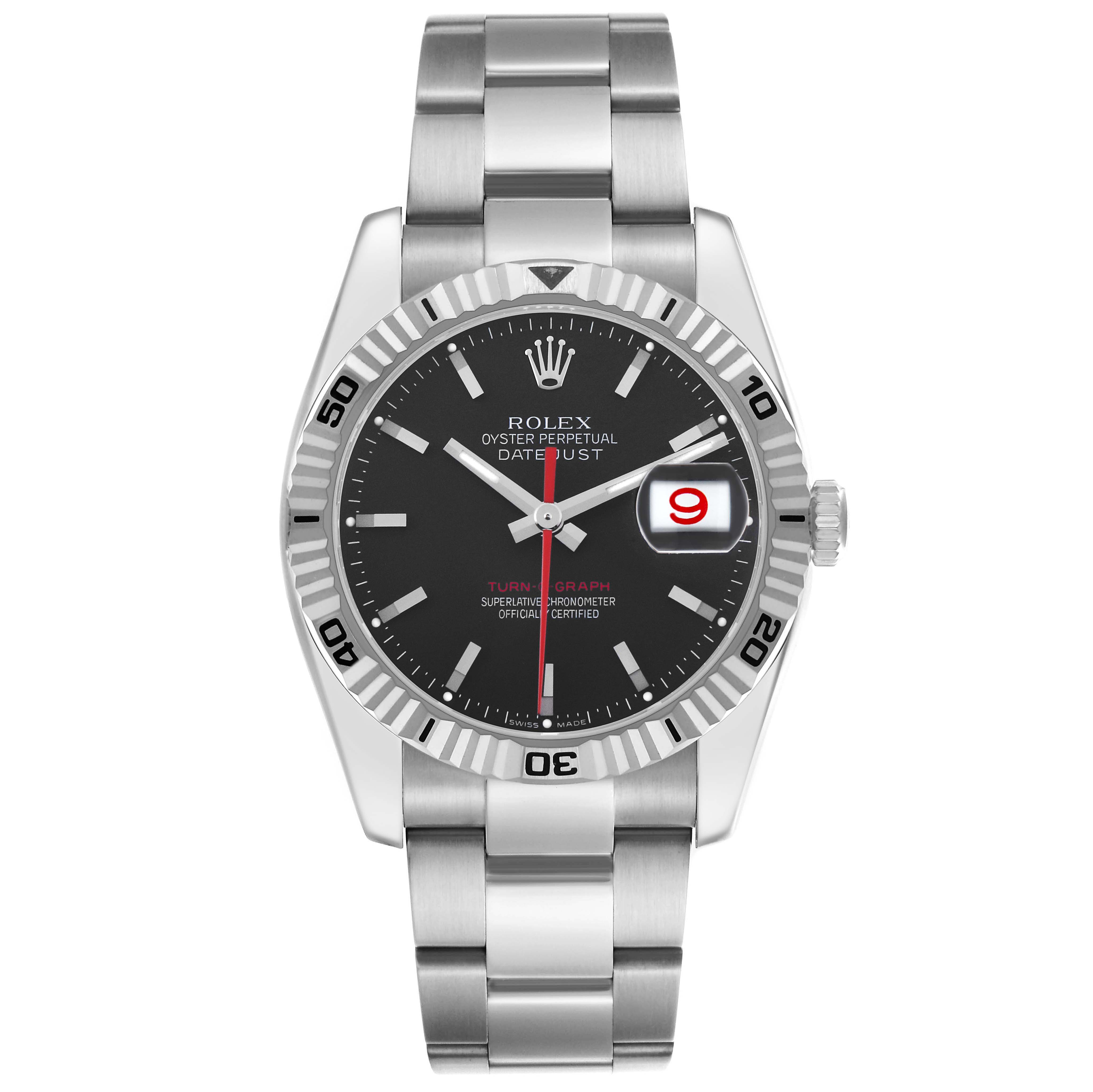 The Rolex Turn-o-Graph 116264 Men's Stainless Steel Black Dial watch is shown from a top-down angle, displaying the dial, bezel, bracelet, and crown.