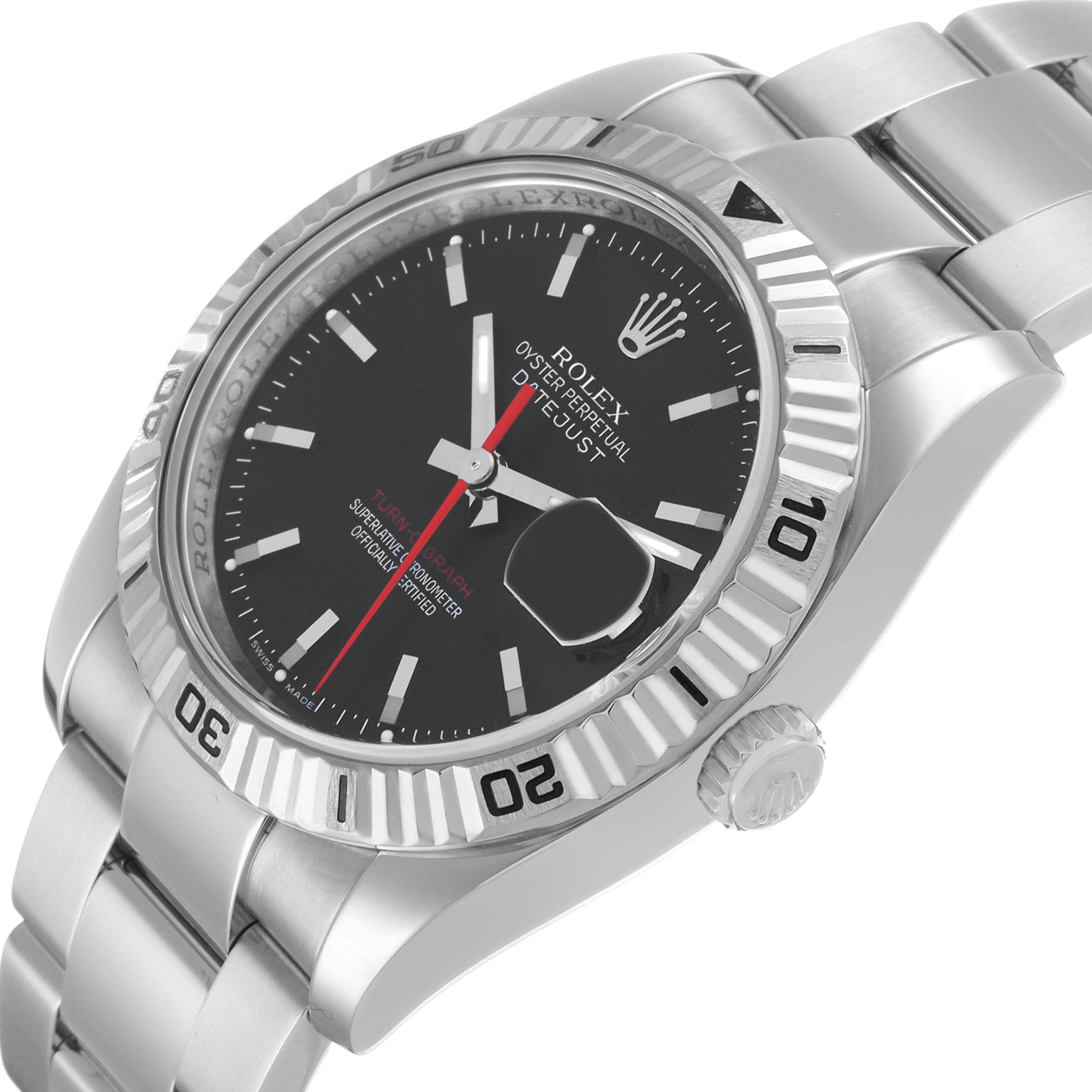 The Rolex Turn-o-Graph 116264 Men's Stainless Steel Black Dial watch is shown at a slight angle, highlighting the bezel, dial, and part of the bracelet.