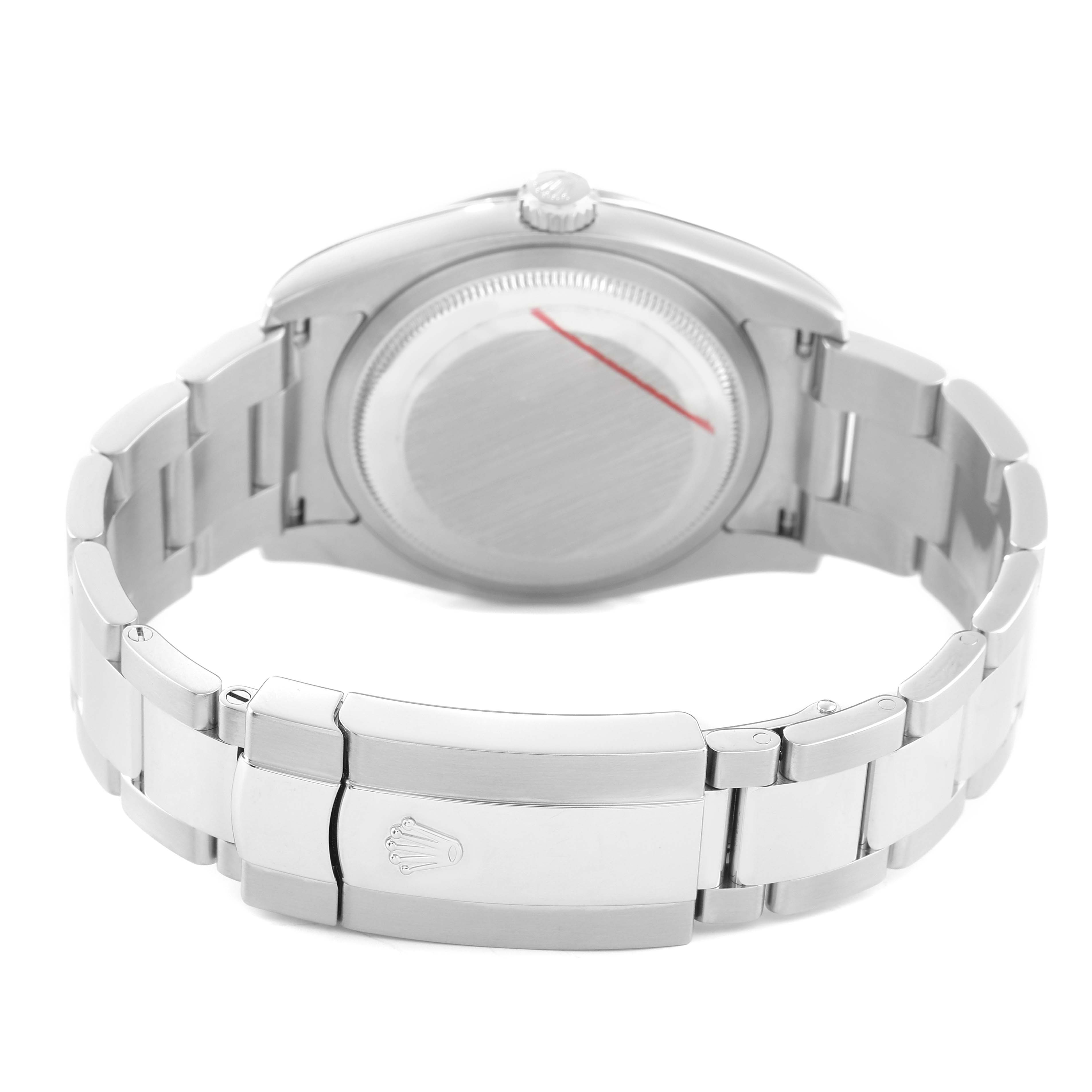 The image shows the back view of a Rolex Turn-o-Graph 116264 Men's Stainless Steel Black Dial watch, highlighting the case back and the bracelet clasp.