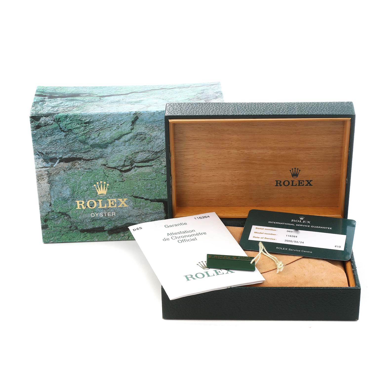 The image shows the packaging and accessories, including the box, warranty card, and manuals, for a Rolex Turn-o-Graph 116264 Men's Stainless Steel Black Dial watch.