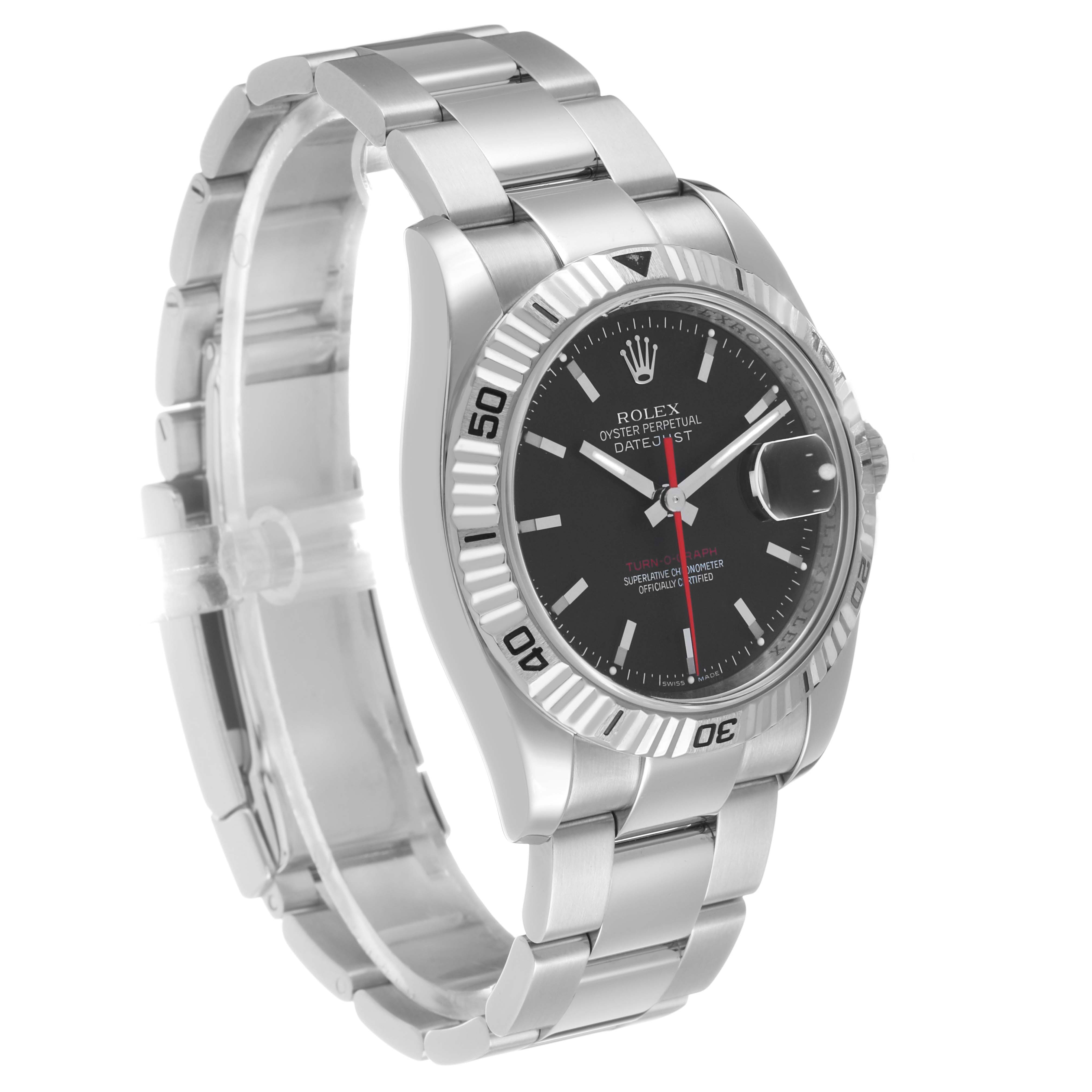 The Rolex Turn-o-Graph 116264 Men's Stainless Steel Black Dial watch is shown at an oblique angle, highlighting the bezel, dial, and bracelet.