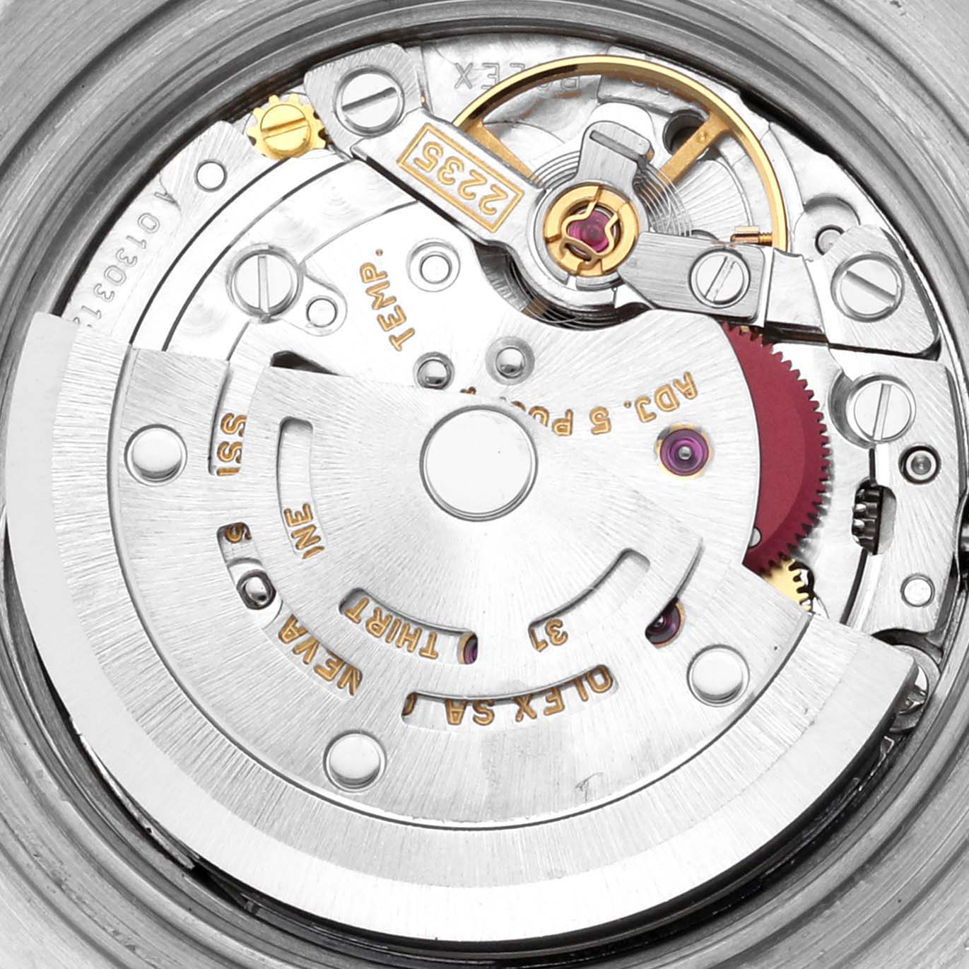 The image shows the movement of a Rolex Yacht-Master 169622 Women
s Stainless Steel Silver Dial 169622 Women
s Stainless Steel Silver Dial watch from a top-down angle, highlighting intricate components.