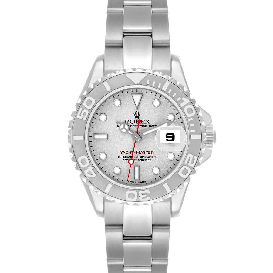 The image shows a front view of the Rolex Yacht-Master watch, highlighting its dial, bezel, bracelet, and date window.