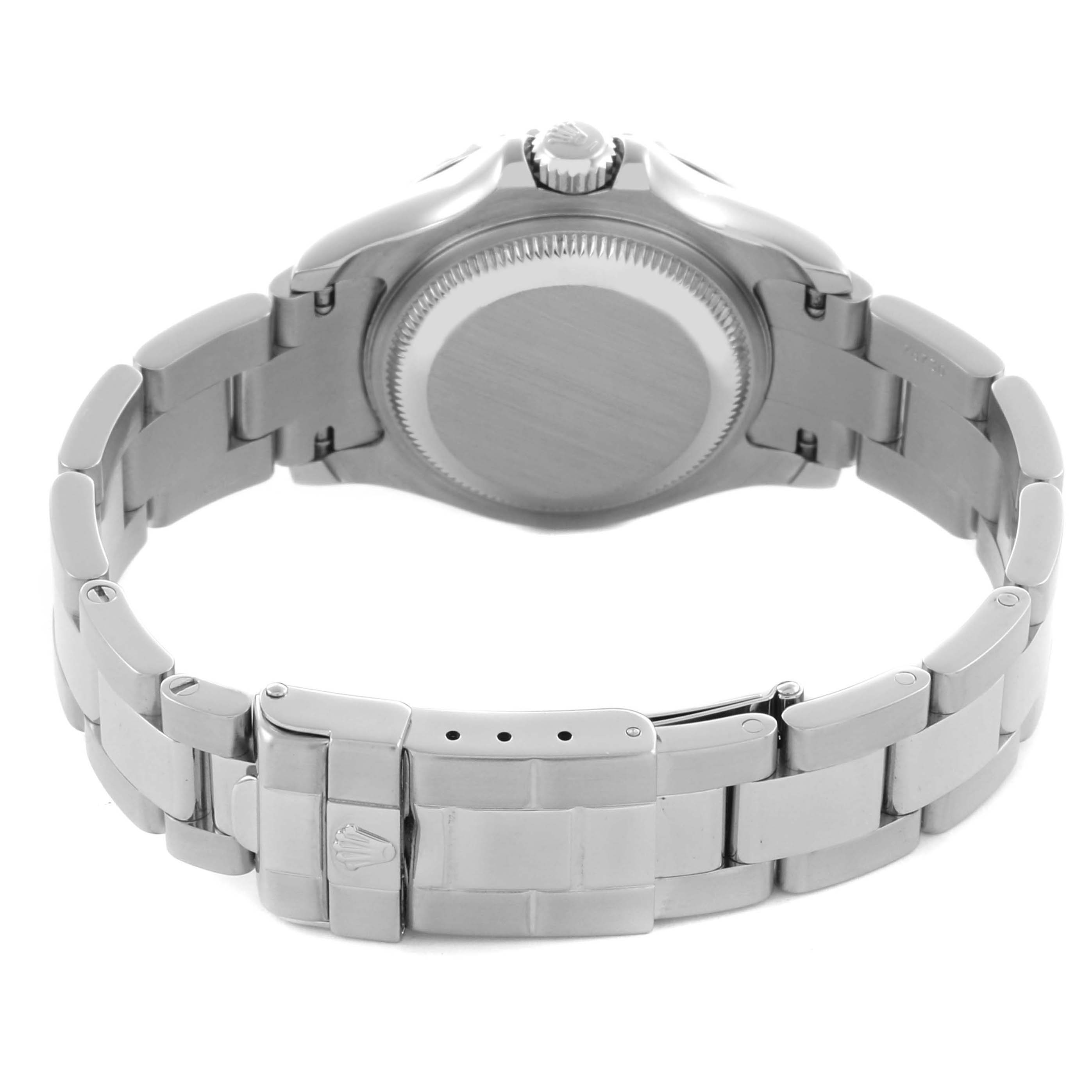 The image shows the back case and bracelet of the Rolex Yacht-Master 169622 Women
s Stainless Steel Silver Dial 169622 Women
s Stainless Steel Silver Dial watch, focusing on the clasp and links.