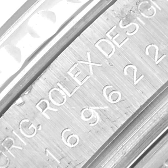 The image shows a close-up of the engraving on the side of a Rolex Yacht-Master 169622 Women
s Stainless Steel Silver Dial 169622 Women
s Stainless Steel Silver Dial watch case.