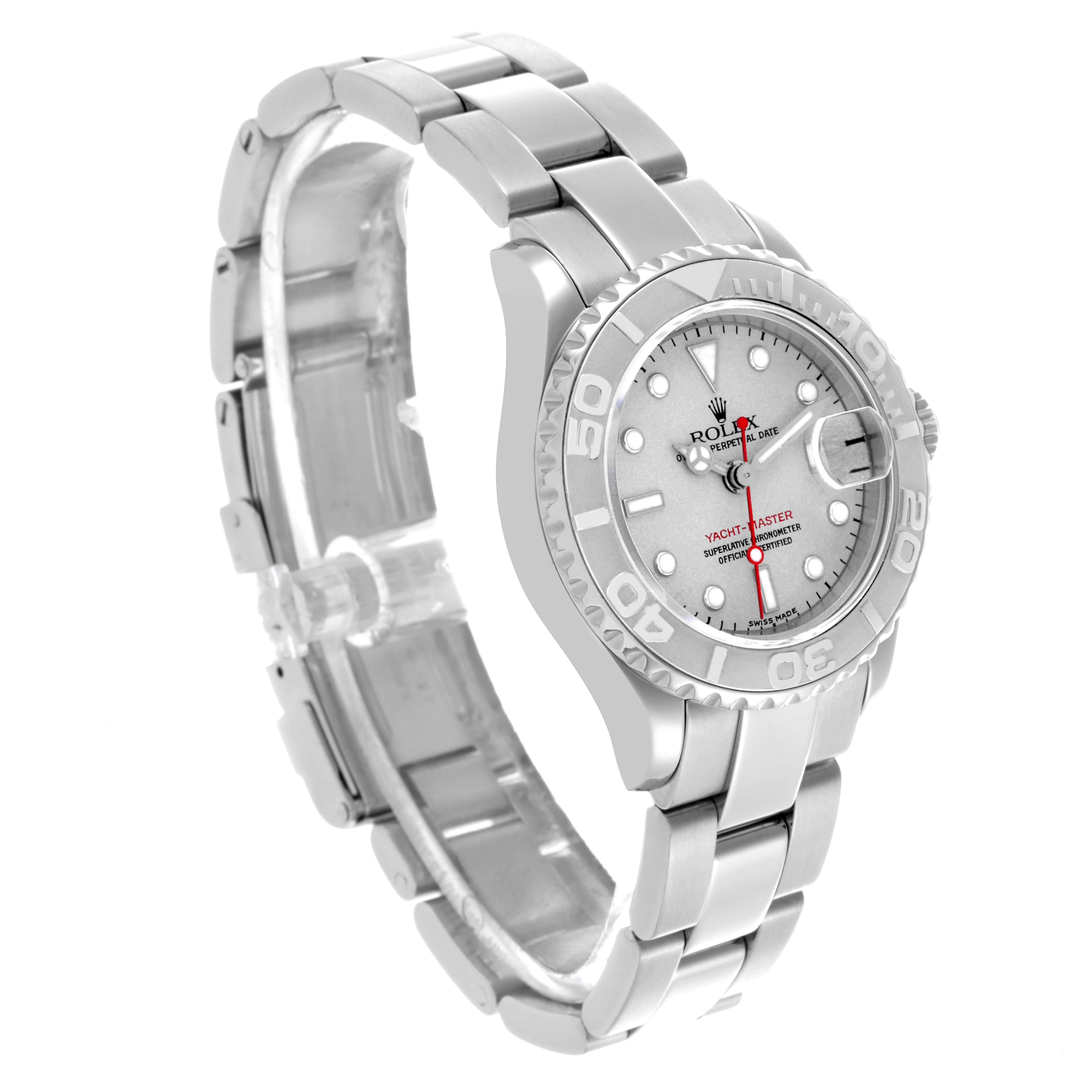 The Rolex Yacht-Master 169622 Women
s Stainless Steel Silver Dial 169622 Women
s Stainless Steel Silver Dial watch is shown at a three-quarter angle, displaying the face, bezel, and bracelet.