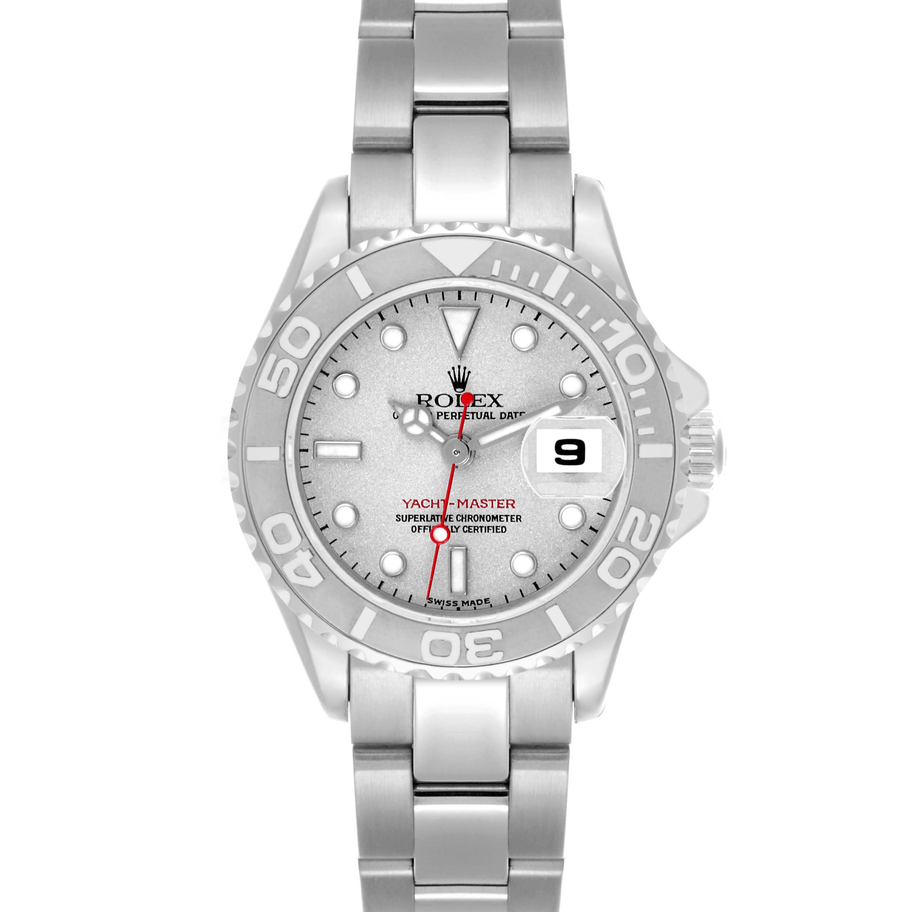 The Rolex Yacht-Master 169622 Women
s Stainless Steel Silver Dial 169622 Women
s Stainless Steel Silver Dial watch is shown from a front view, displaying the dial, bezel, bracelet, and date window clearly.