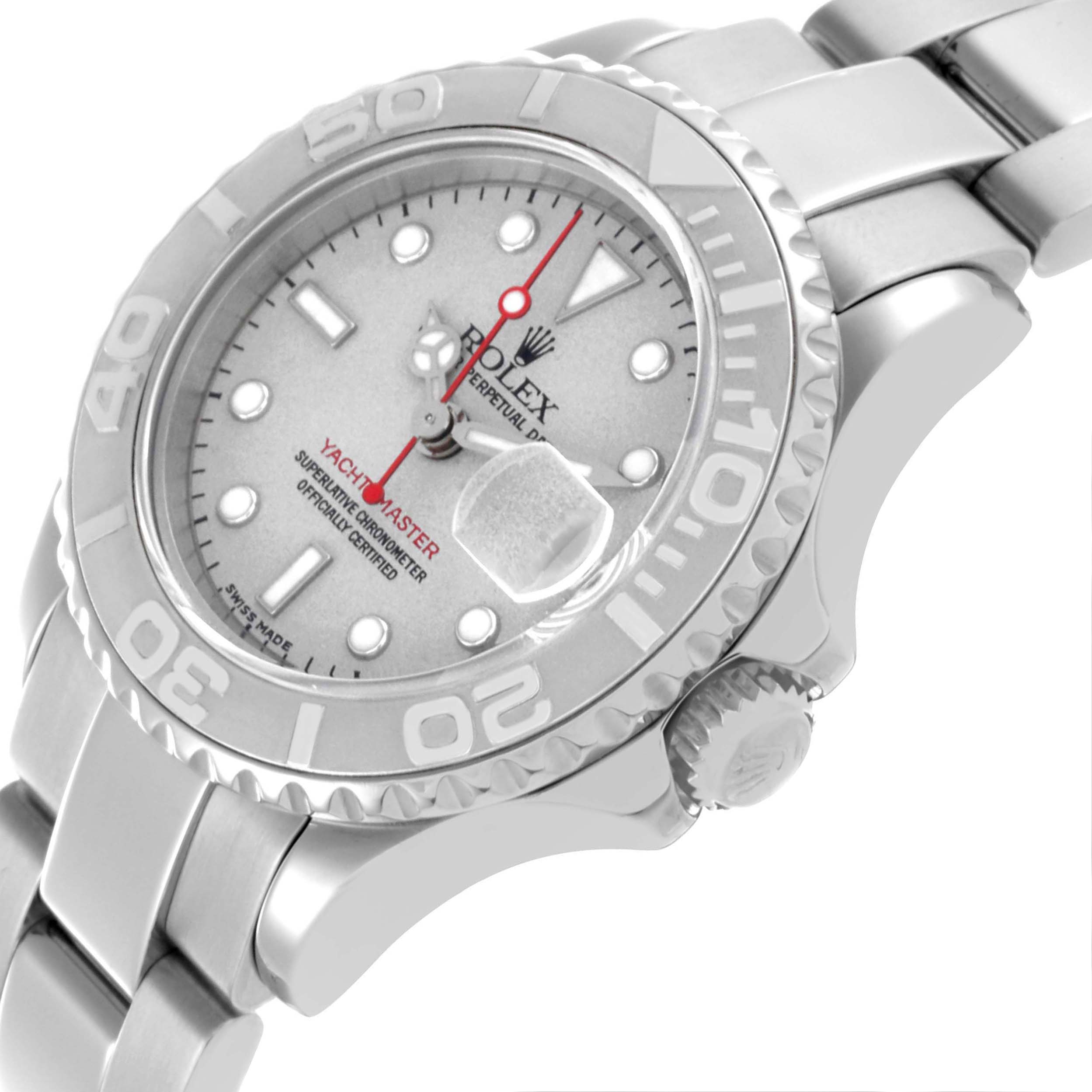 The image shows the Rolex Yacht-Master 169622 Women
s Stainless Steel Silver Dial 169622 Women
s Stainless Steel Silver Dial from a tilted angle, highlighting the bezel, dial, crown, and bracelet.