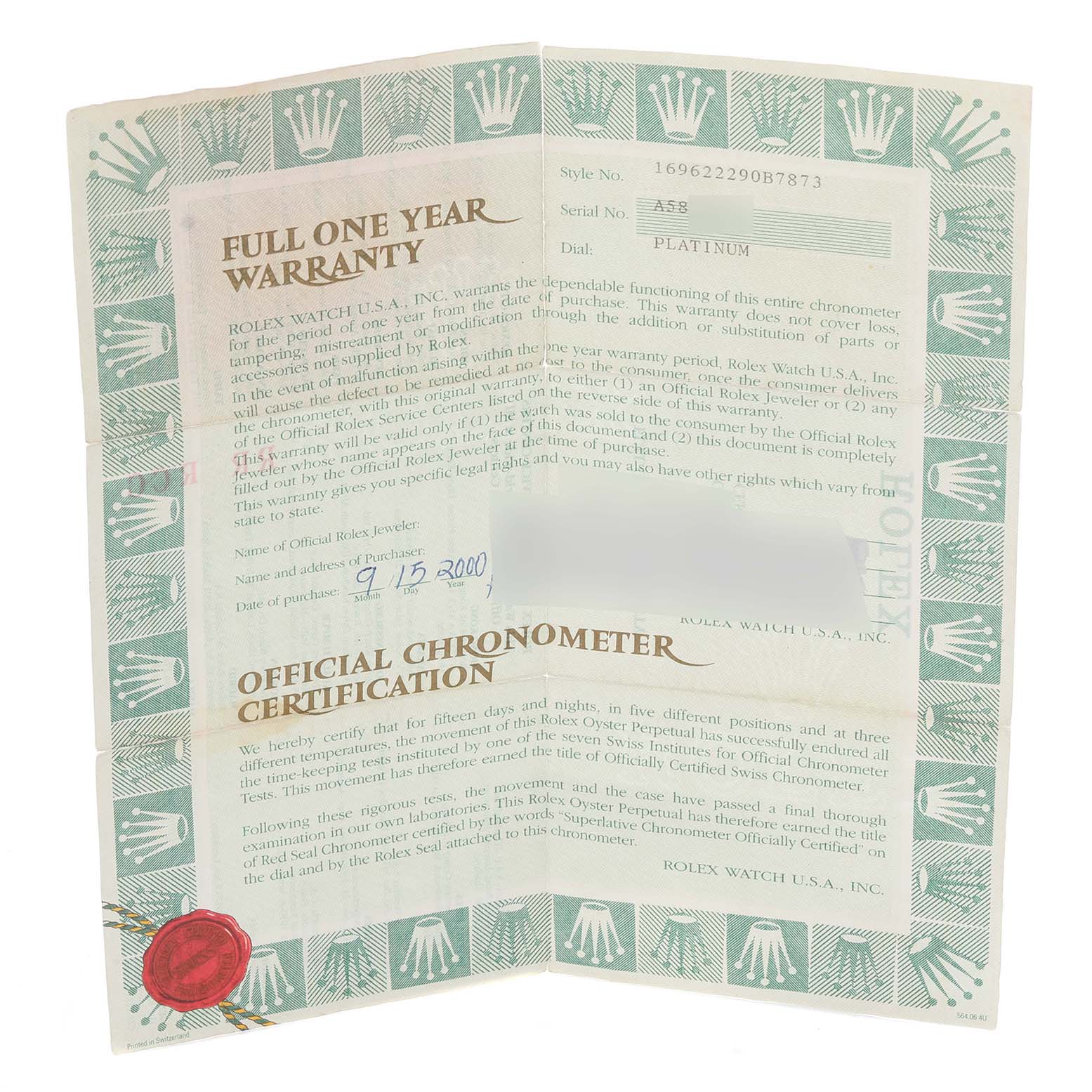 The image shows a Rolex Yacht-Master 169622 Women
s Stainless Steel Silver Dial 169622 Women
s Stainless Steel Silver Dial warranty card with official chronometer certification.