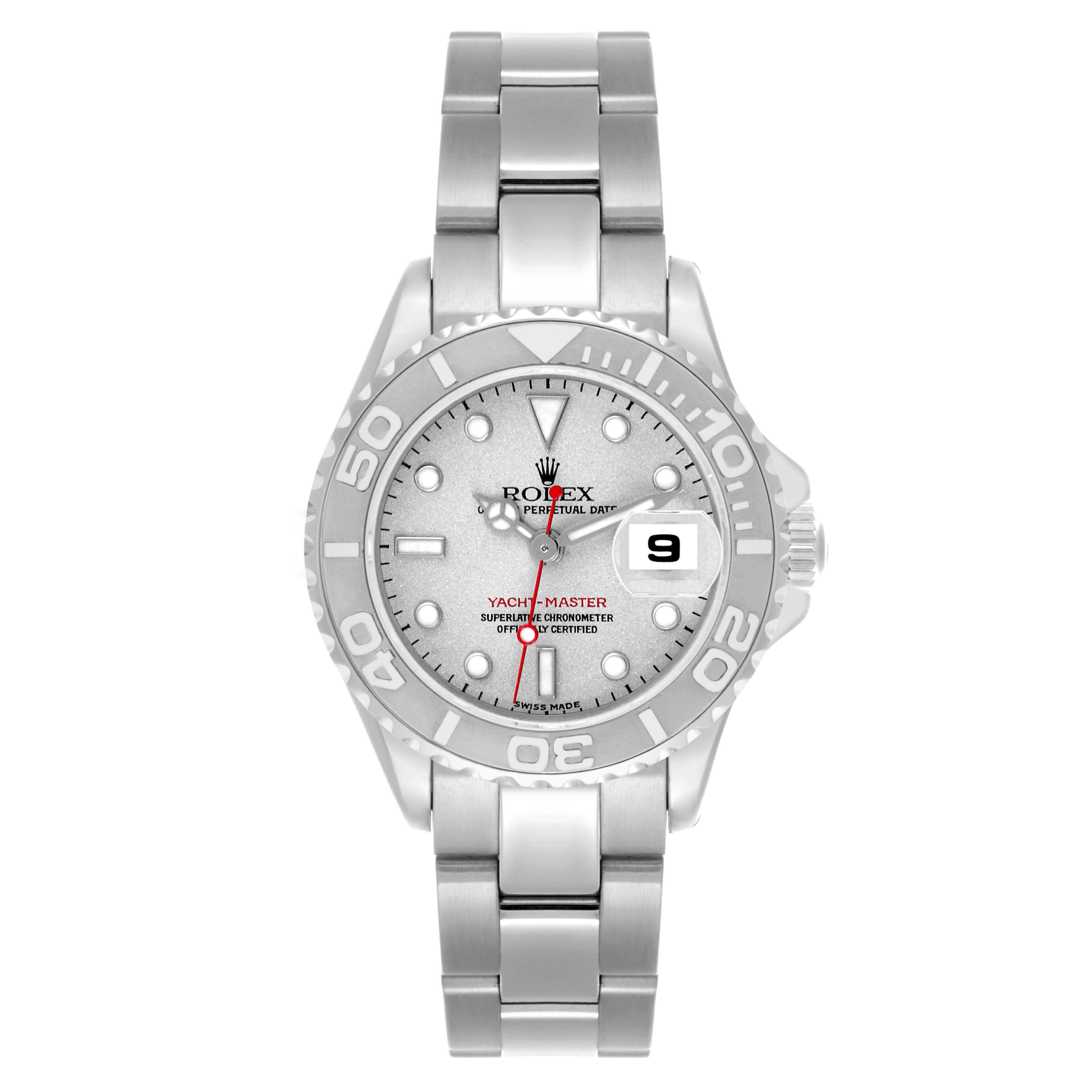 The Rolex Yacht-Master 169622 Women
s Stainless Steel Silver Dial 169622 Women
s Stainless Steel Silver Dial is shown from a top view, displaying the dial, bezel, and bracelet.