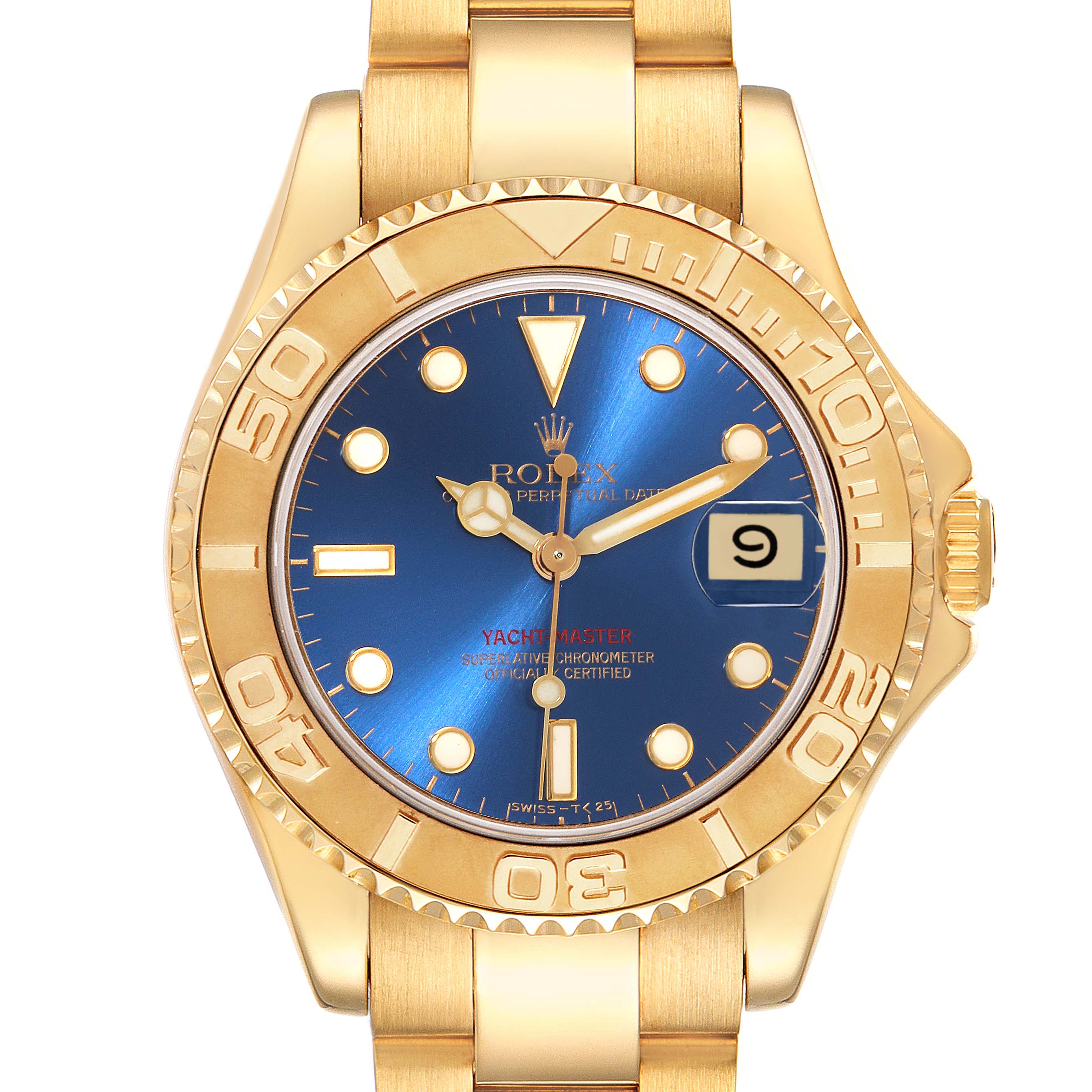 The image shows a frontal view of a Rolex Yacht-Master 68628 Men's Yellow Gold Blue Dial 68628 Men's Yellow Gold Blue Dial watch, highlighting the bezel, dial, and part of the bracelet.