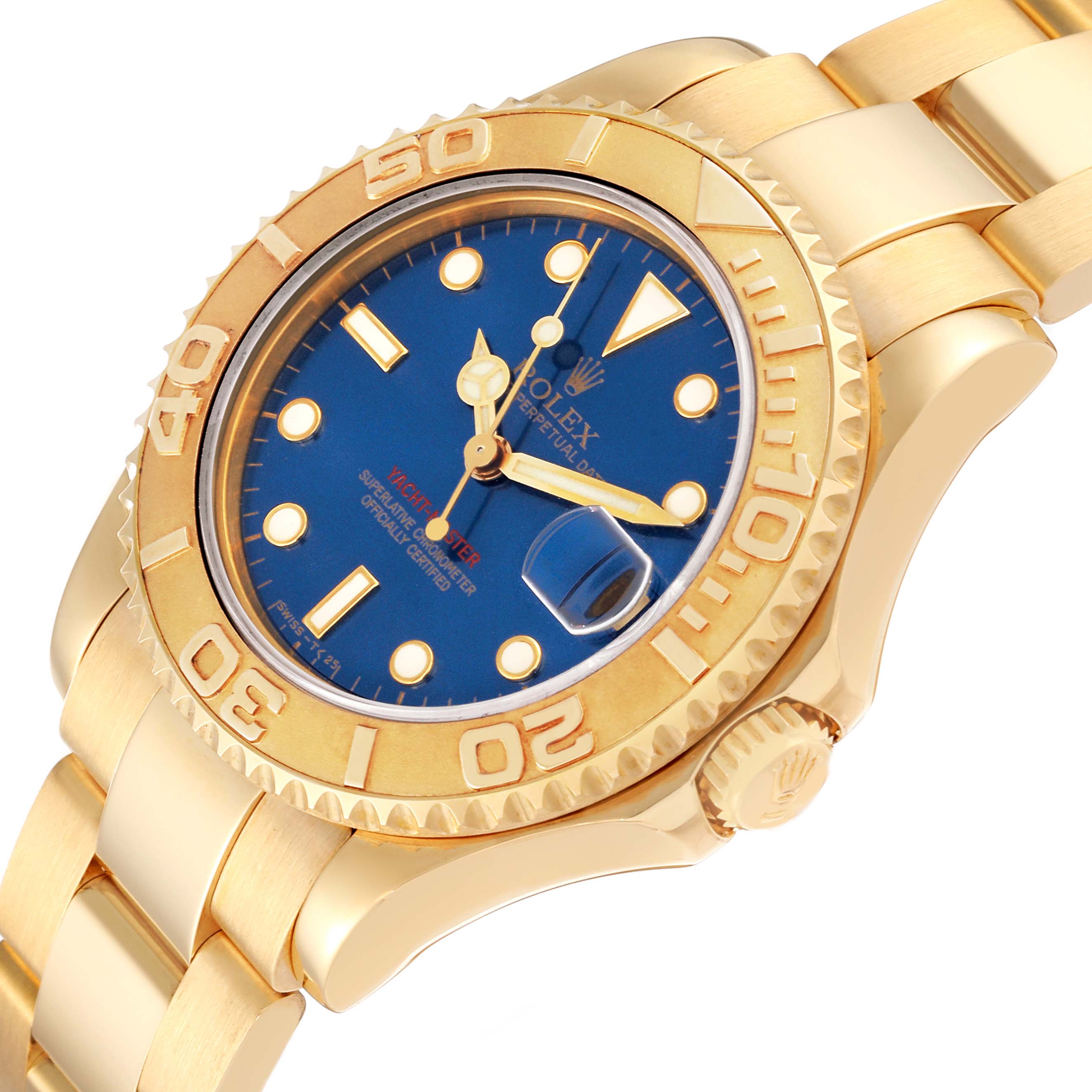 The image shows a close-up angle of a Rolex Yacht-Master 68628 Men's Yellow Gold Blue Dial 68628 Men's Yellow Gold Blue Dial watch, highlighting the blue dial, gold bezel, and bracelet.