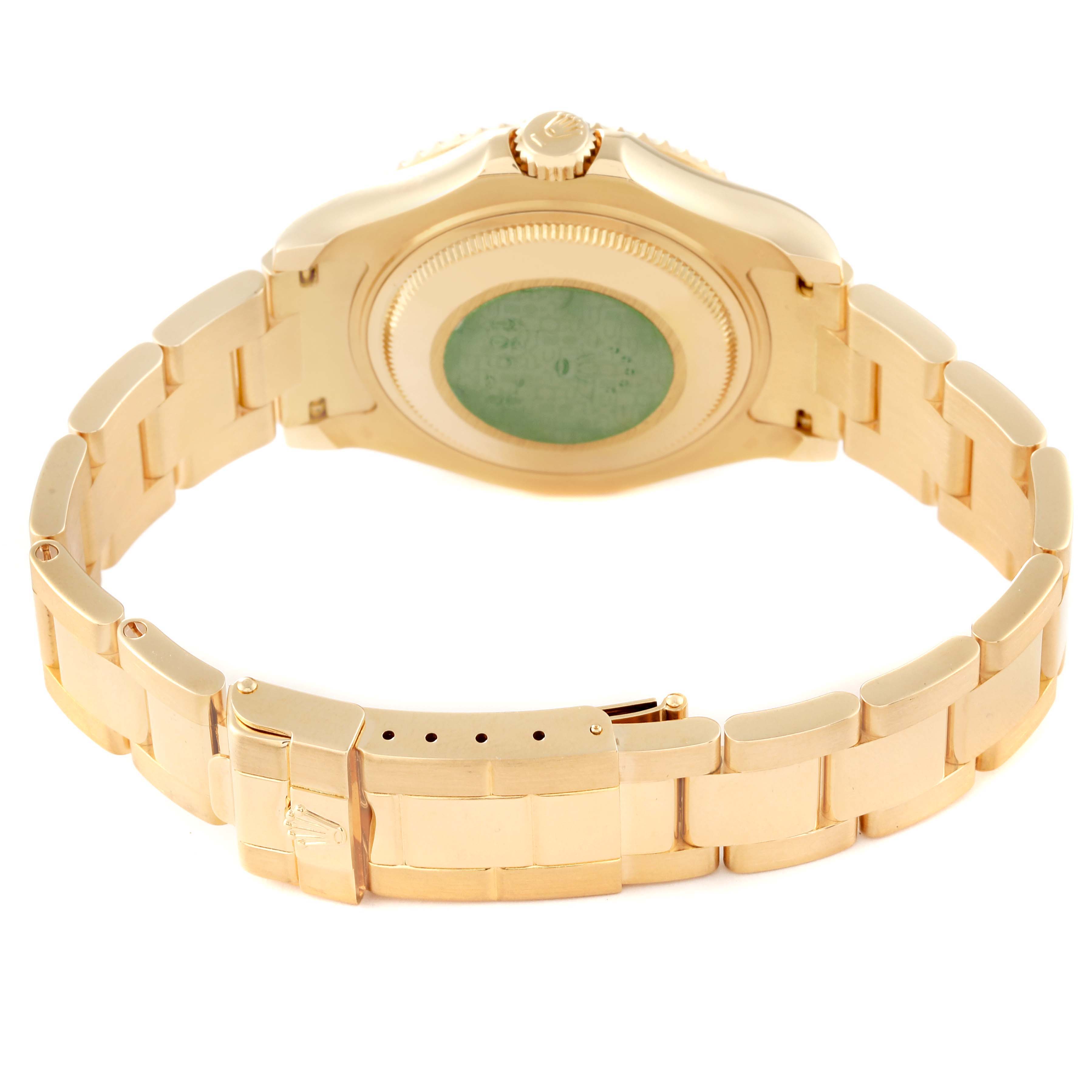 The image shows the back case and bracelet of a Rolex Yacht-Master 68628 Men's Yellow Gold Blue Dial 68628 Men's Yellow Gold Blue Dial watch, primarily focusing on the clasp and rear view.