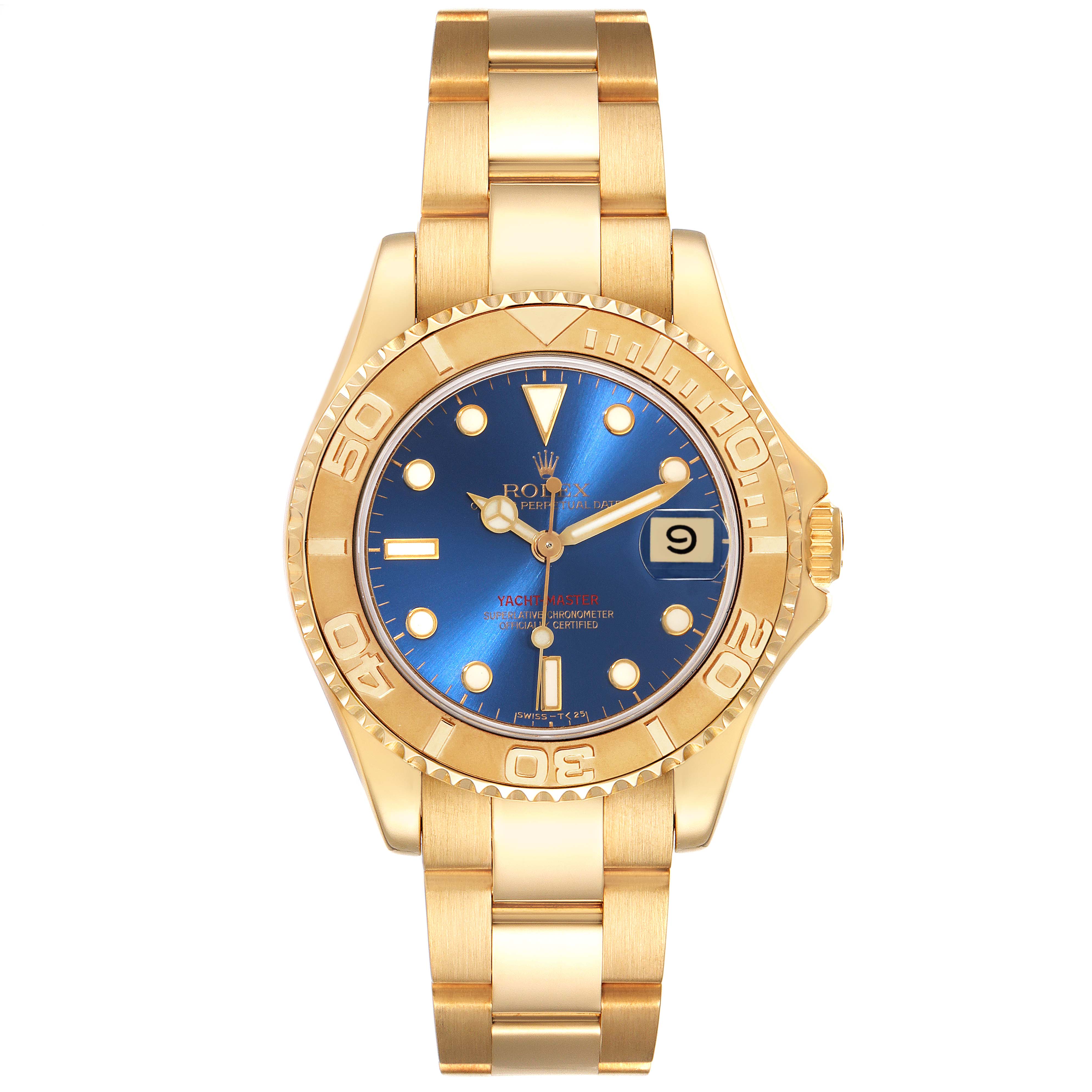 The image shows a frontal view of a Rolex Yacht-Master 68628 Men's Yellow Gold Blue Dial 68628 Men's Yellow Gold Blue Dial watch displaying its gold bracelet, bezel, and blue dial.