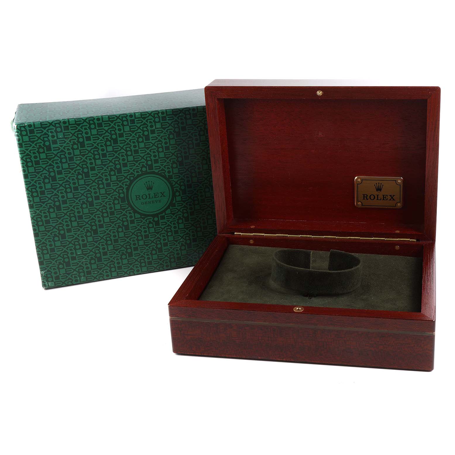 This image shows an open wooden Rolex box and a green Rolex outer box, meant for a Yacht-Master model watch.