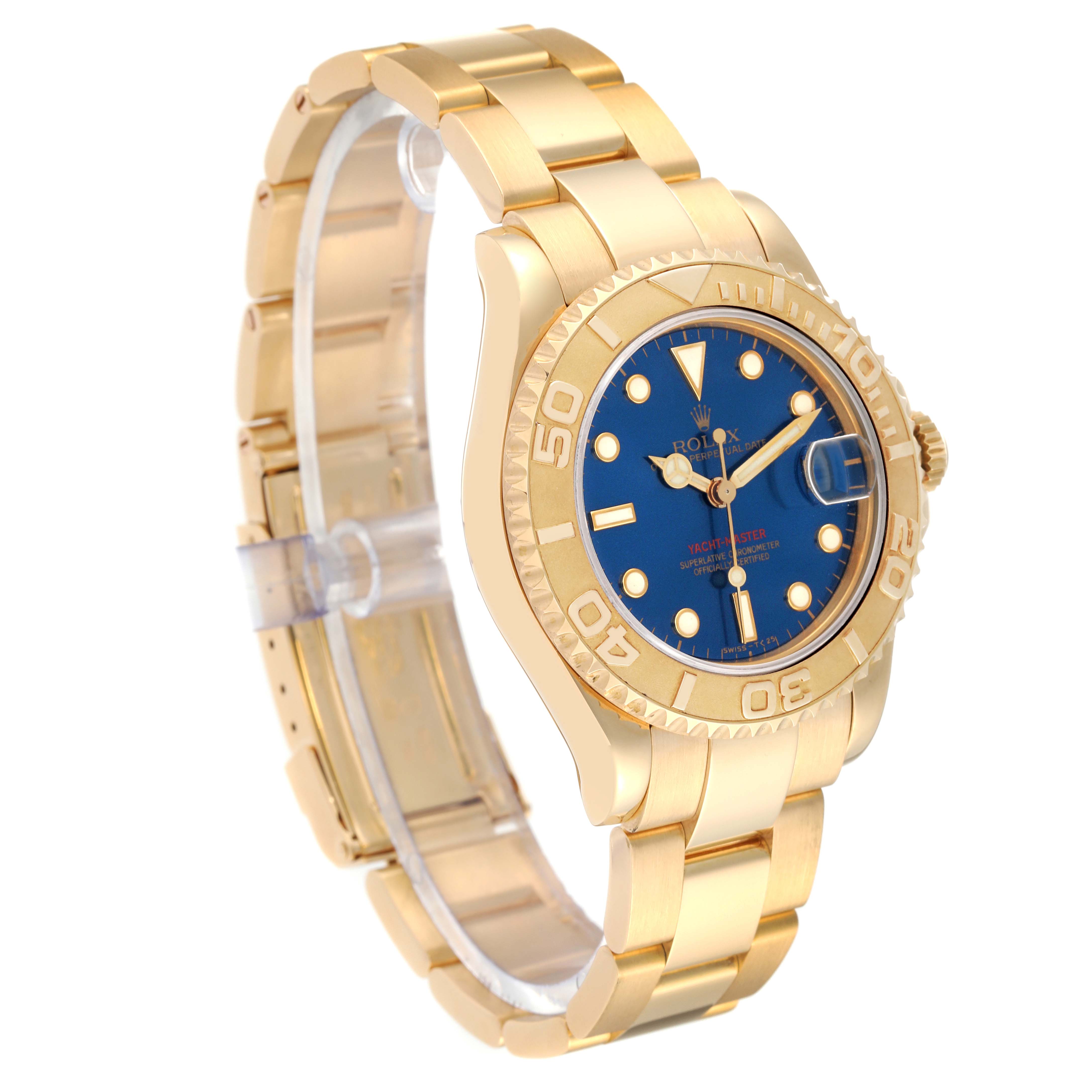 The image shows a side-angle view of the Rolex Yacht-Master 68628 Men's Yellow Gold Blue Dial 68628 Men's Yellow Gold Blue Dial watch, highlighting its gold case, blue dial, and bracelet.