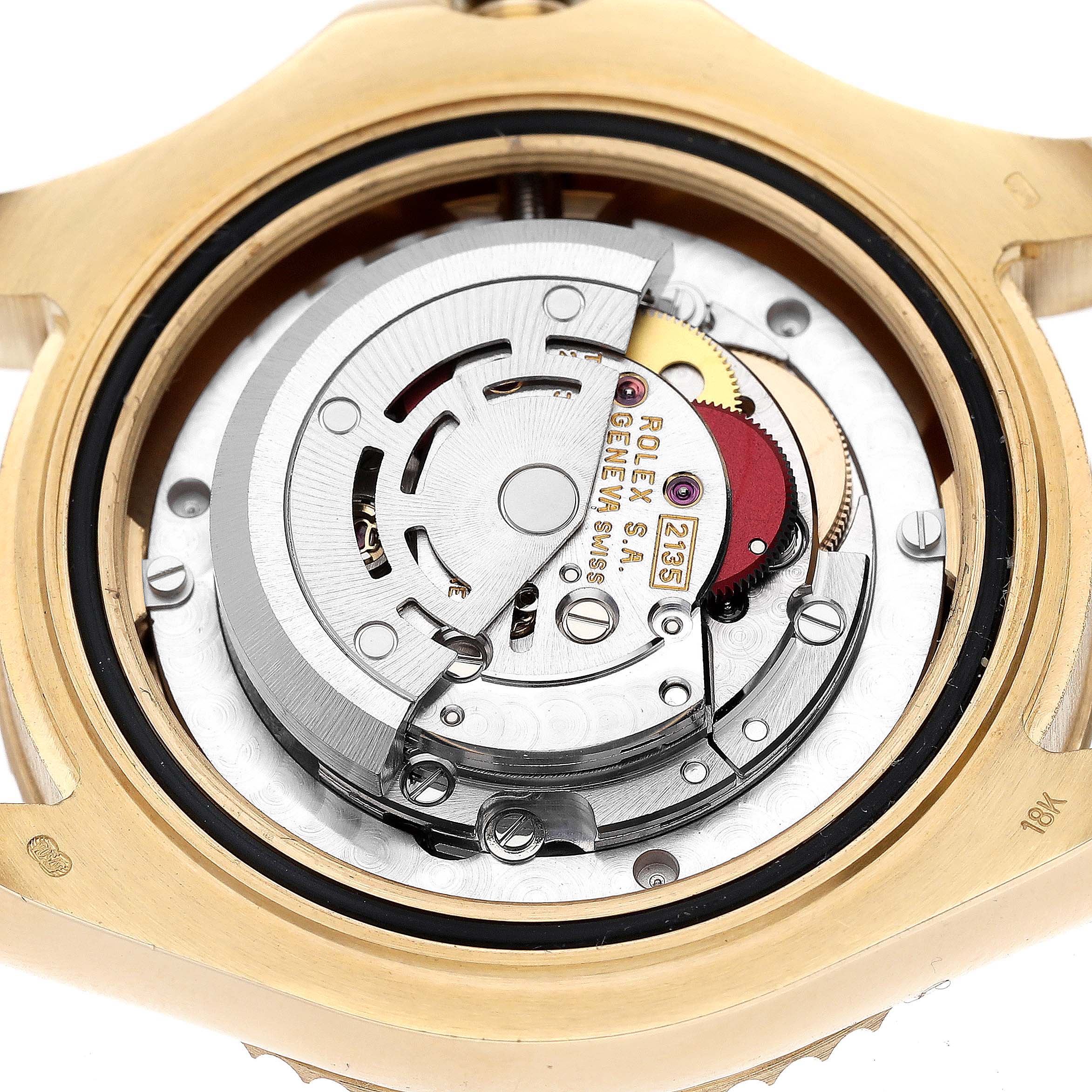 This image shows the internal mechanism and movement of a Rolex Yacht-Master 68628 Men's Yellow Gold Blue Dial 68628 Men's Yellow Gold Blue Dial watch from a rear view.