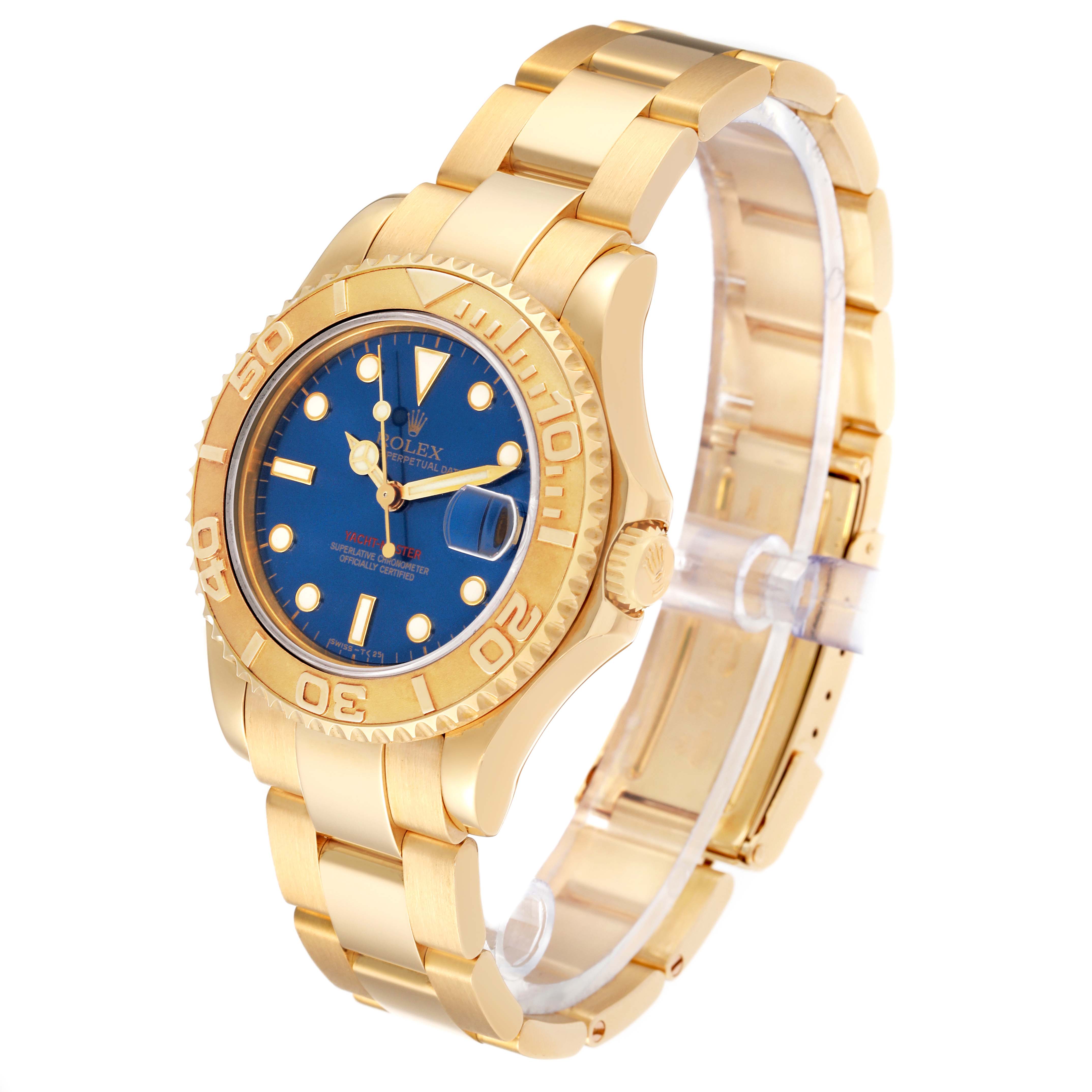 The image shows a Rolex Yacht-Master 68628 Men's Yellow Gold Blue Dial 68628 Men's Yellow Gold Blue Dial watch angled to display the face, bezel, crown, and bracelet.