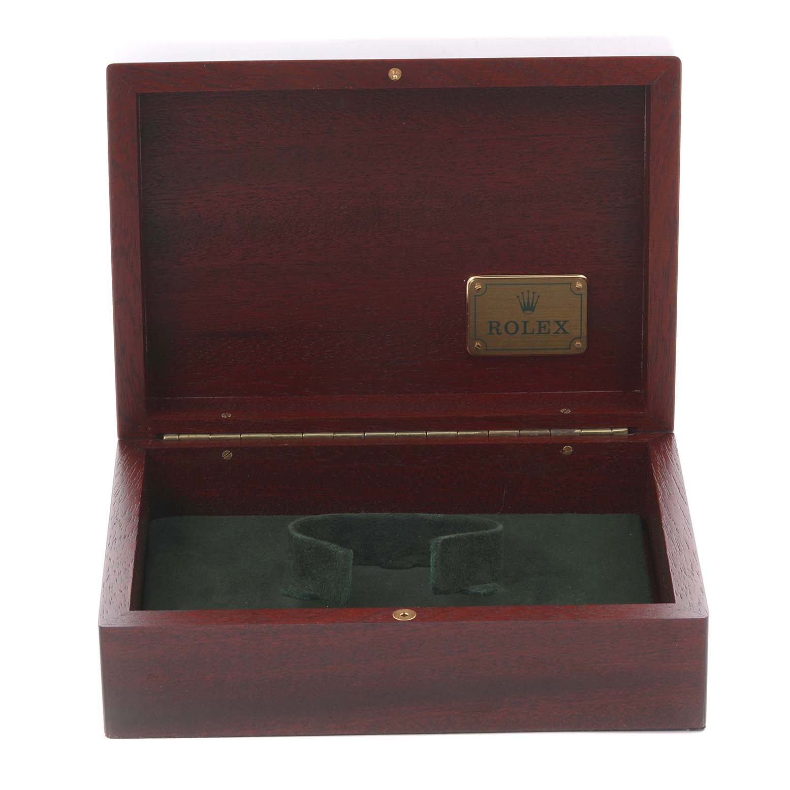 This image shows an open wooden Rolex box for a Mid-Size model with a green interior and a Rolex plaque.