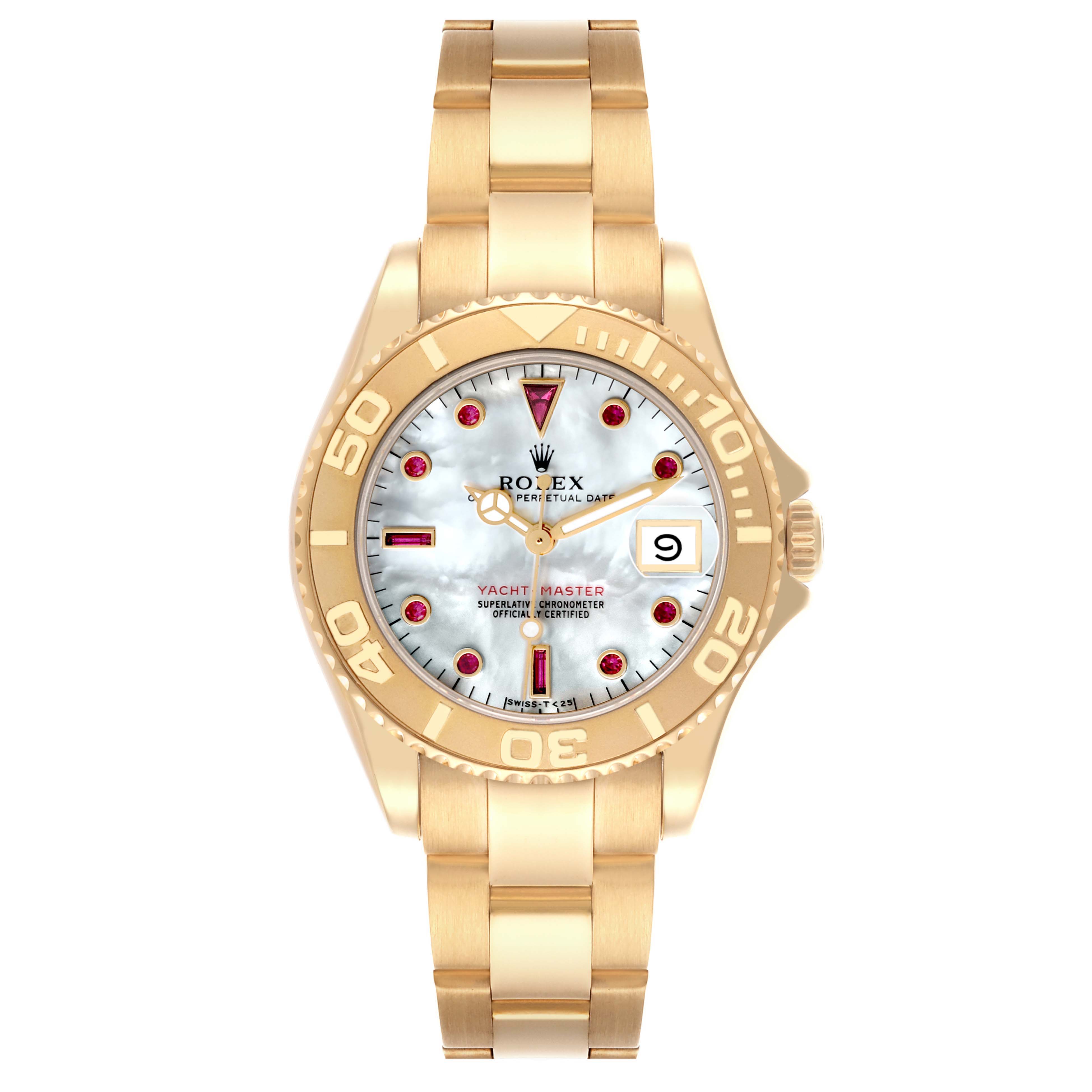 The Rolex Mid-Size watch is shown from a top-down angle, highlighting the dial, bezel, and bracelet.