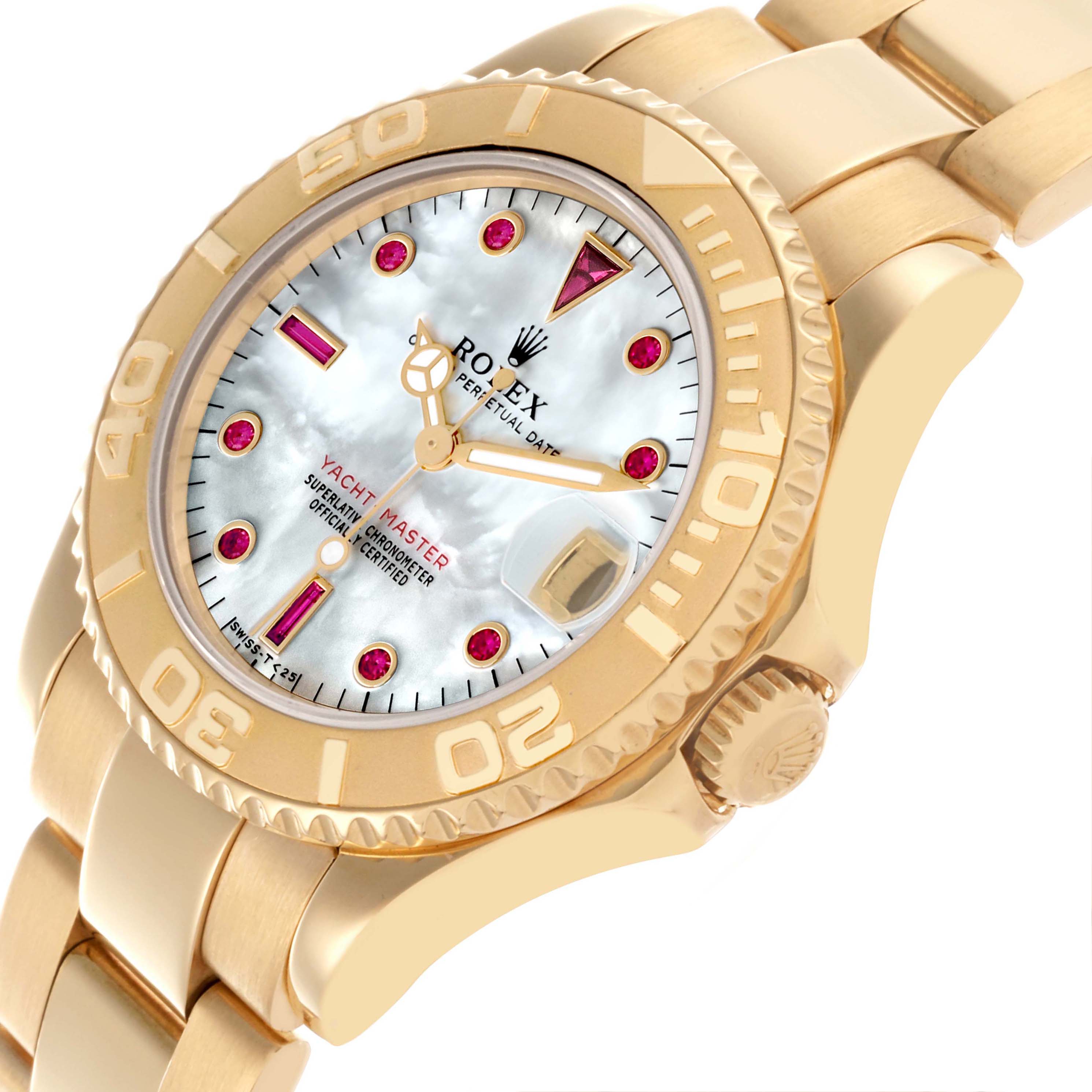 The Rolex Mid-Size Yacht-Master is shown at an oblique angle, highlighting the dial, bezel, and bracelet.