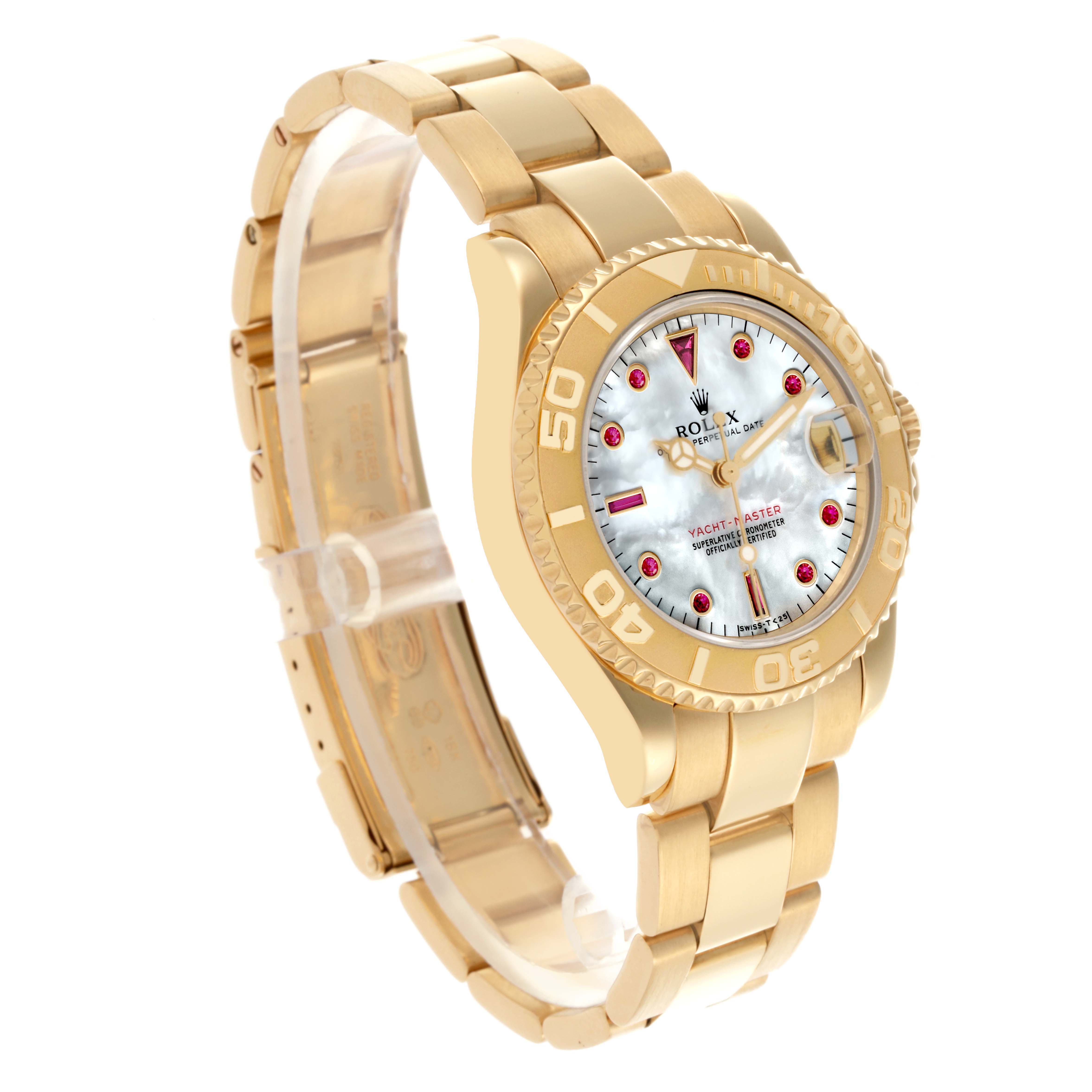 The Rolex Mid-Size watch is shown at a three-quarter angle, highlighting the gold bracelet, bezel, and mother-of-pearl dial with red markers.