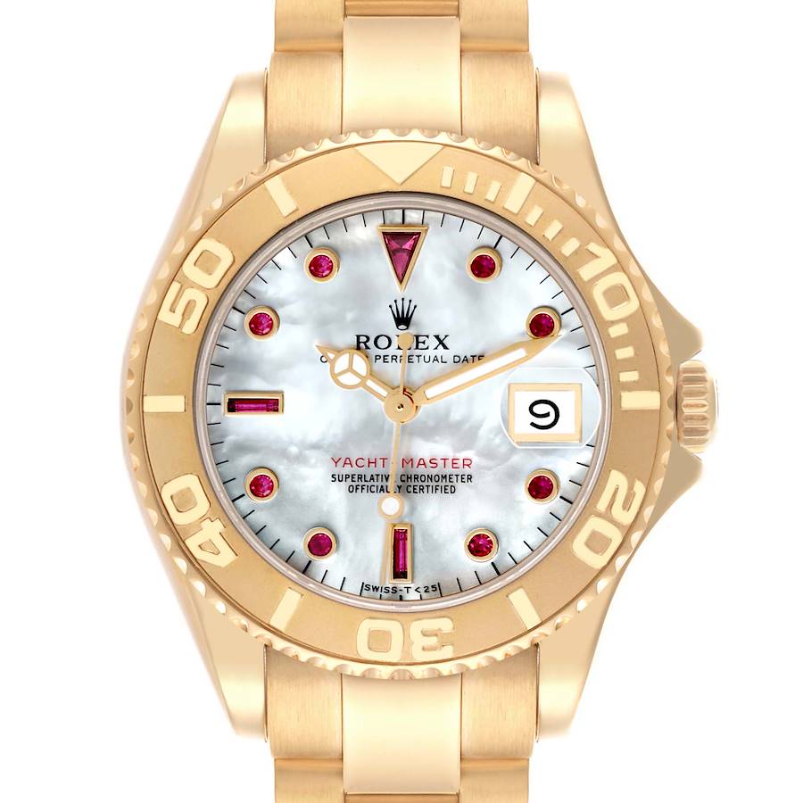 The Rolex Mid-Size watch is shown from a front view, featuring the dial, bezel, and part of the bracelet.