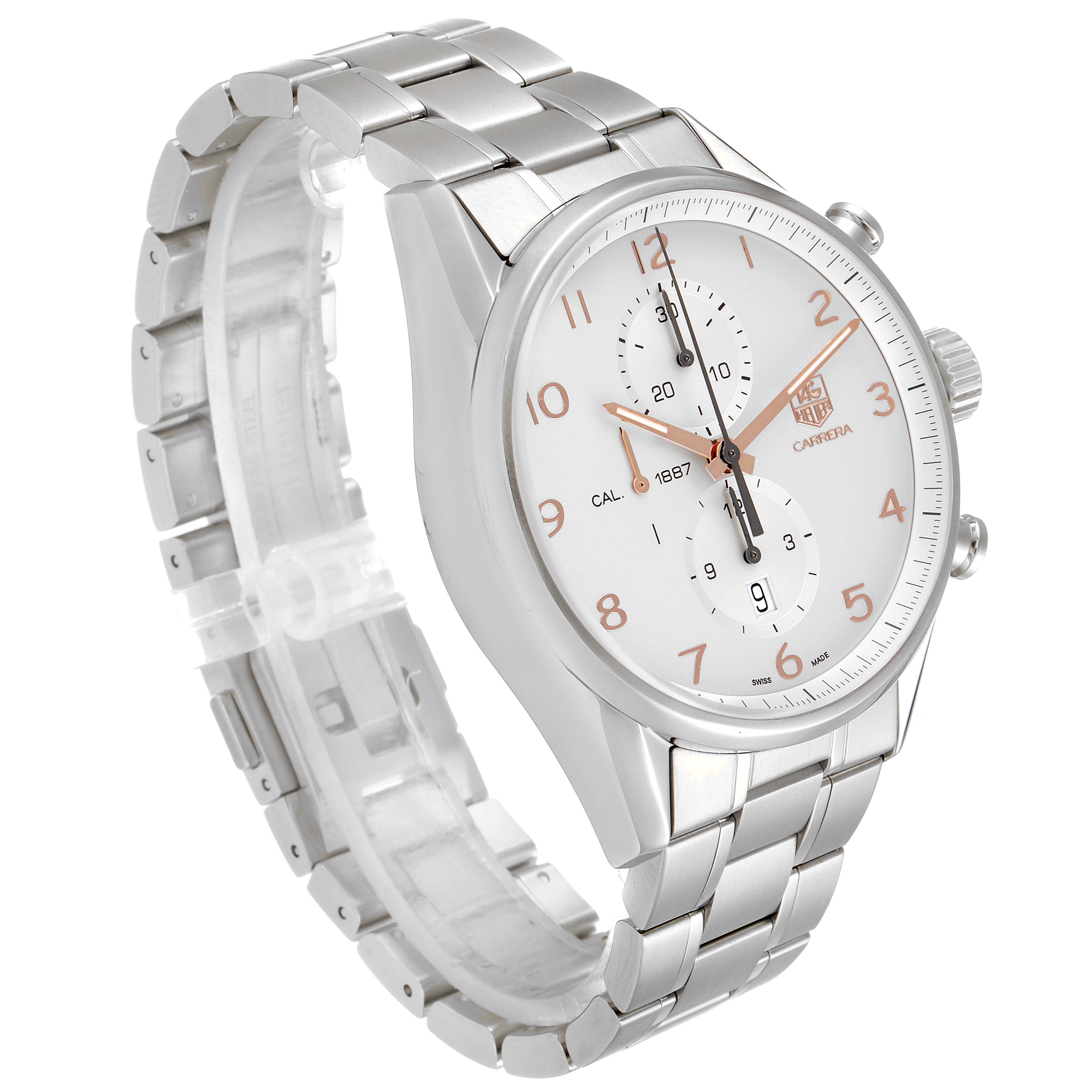 This image shows a side angled view of a Tag Heuer Carrera CAR2012.BA0796 Men
s Stainless Steel Silver Dial CAR2012.BA0796 Men
s Stainless Steel Silver Dial watch with a white dial and metal bracelet.