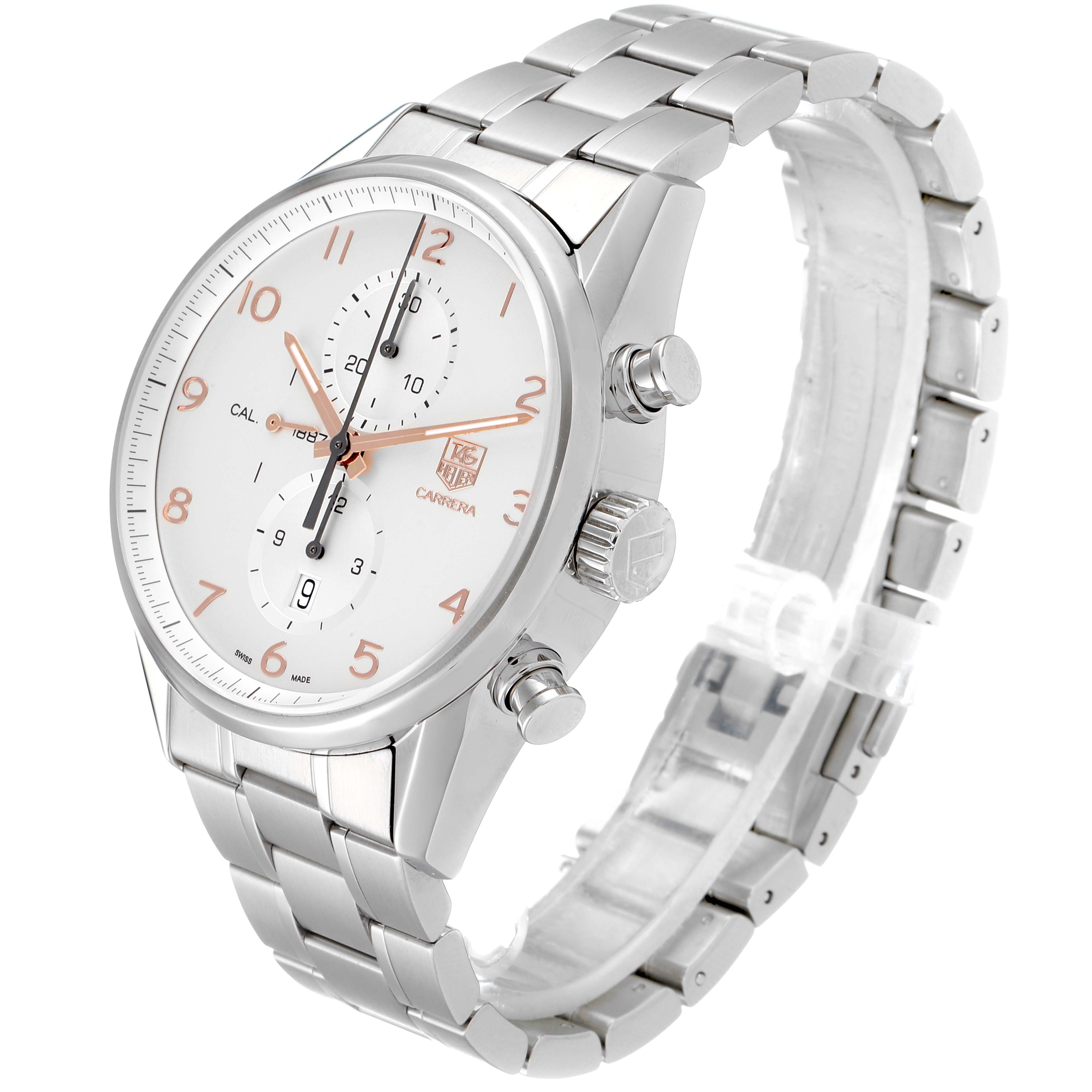 The Tag Heuer Carrera CAR2012.BA0796 Men
s Stainless Steel Silver Dial CAR2012.BA0796 Men
s Stainless Steel Silver Dial model watch is shown at a slight angle, displaying the face, crown, and stainless steel bracelet.