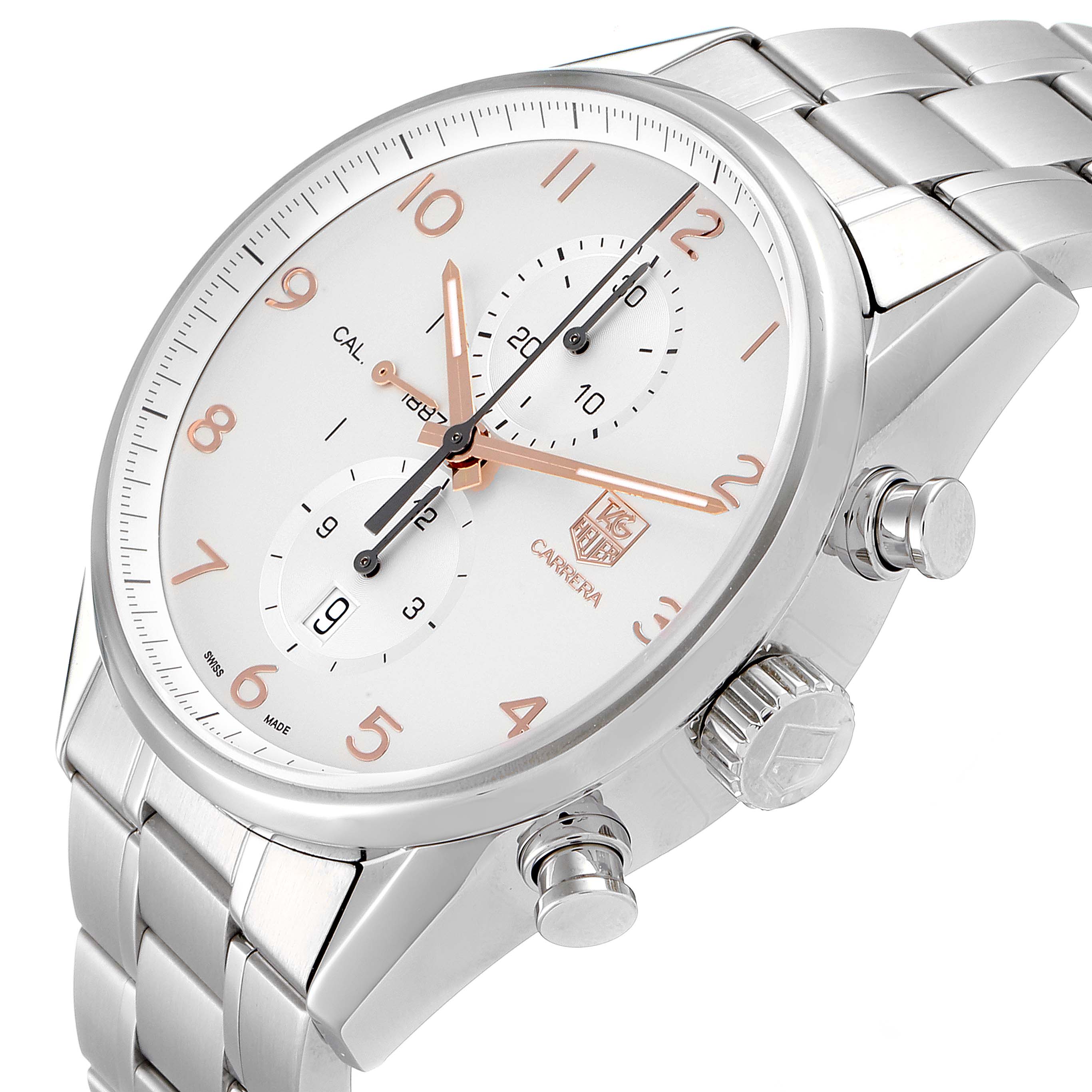 The image shows a Tag Heuer Carrera CAR2012.BA0796 Men
s Stainless Steel Silver Dial CAR2012.BA0796 Men
s Stainless Steel Silver Dial watch from a front-side angle, highlighting the dial, crown, pushers, and stainless steel band.