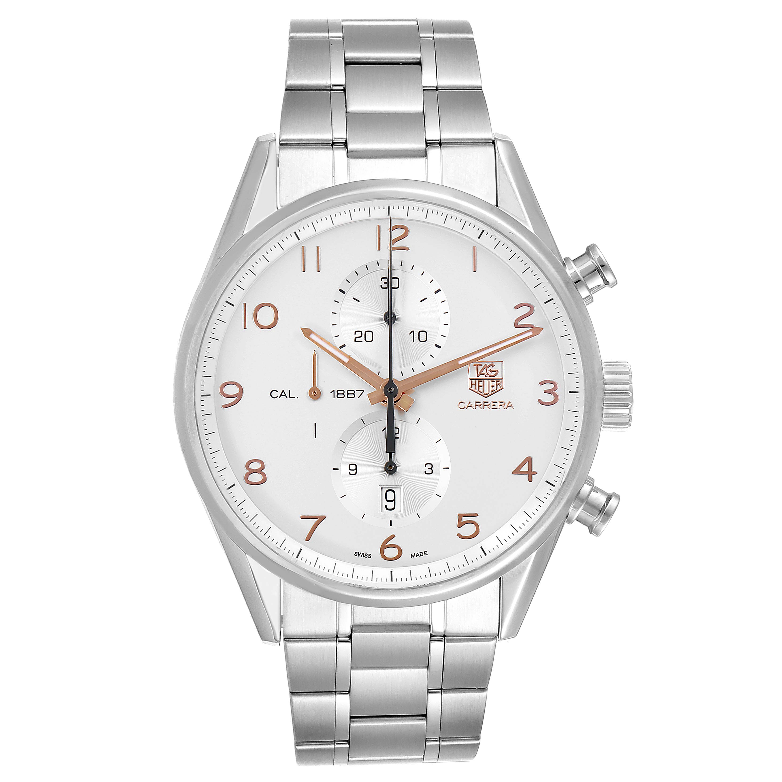 Front view of the Tag Heuer Carrera CAR2012.BA0796 Men
s Stainless Steel Silver Dial CAR2012.BA0796 Men
s Stainless Steel Silver Dial watch showing the face, hands, sub-dials, bracelet, and crown.