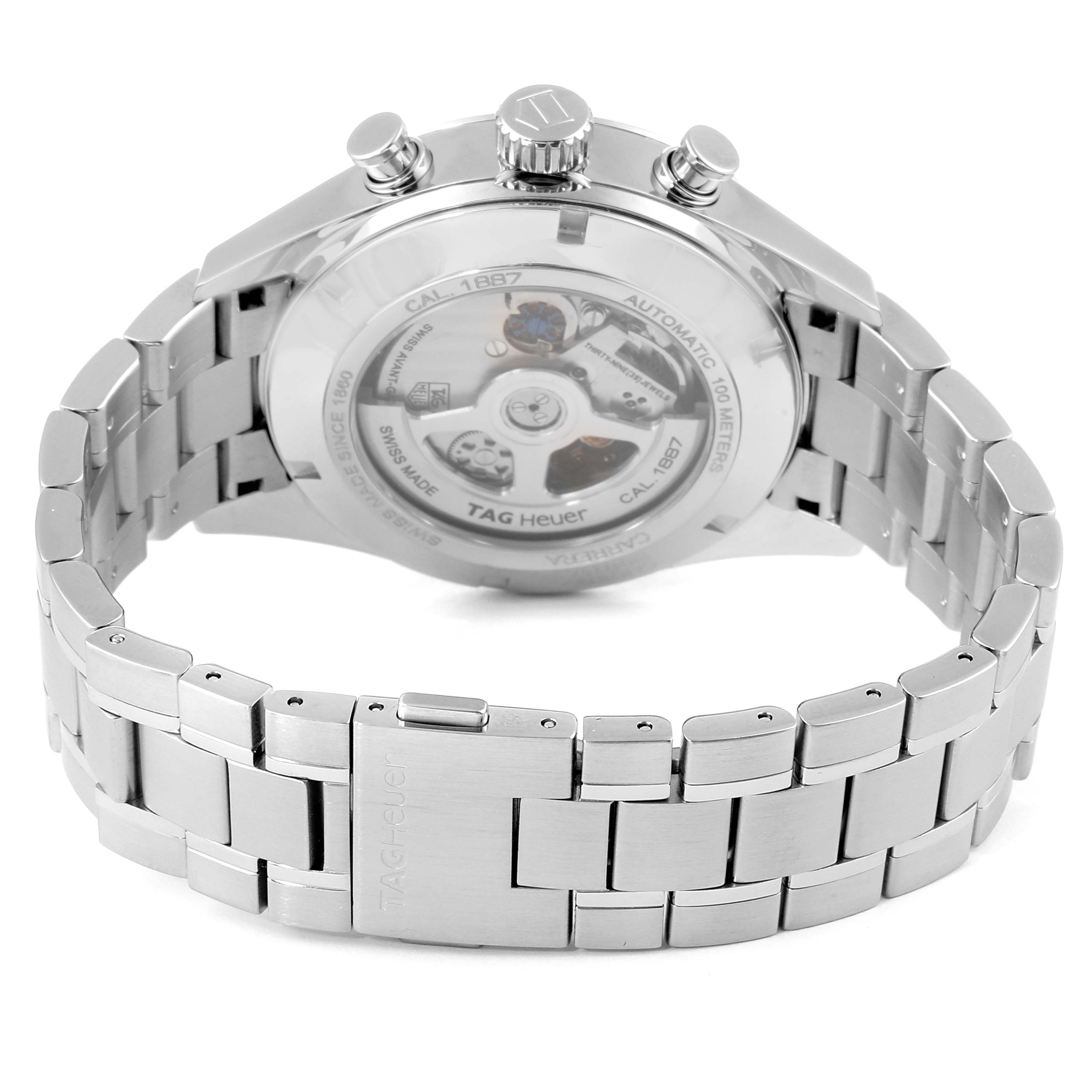 The image shows the back view of a Tag Heuer Carrera CAR2012.BA0796 Men
s Stainless Steel Silver Dial CAR2012.BA0796 Men
s Stainless Steel Silver Dial watch, highlighting its transparent case back and metal bracelet.