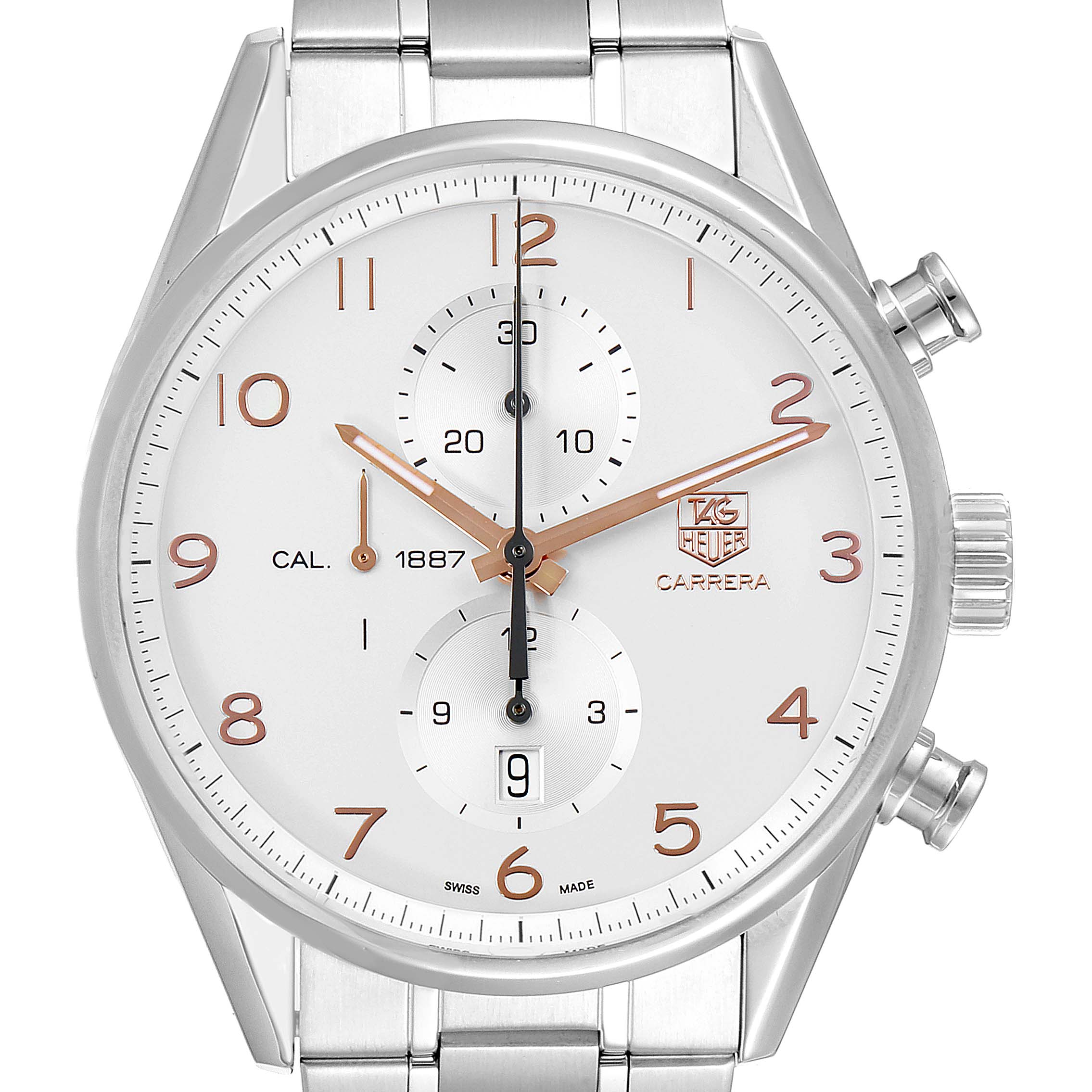 The image shows a front view of a Tag Heuer Carrera CAR2012.BA0796 Men
s Stainless Steel Silver Dial CAR2012.BA0796 Men
s Stainless Steel Silver Dial watch displaying its face, including subdials, hands, and date feature.