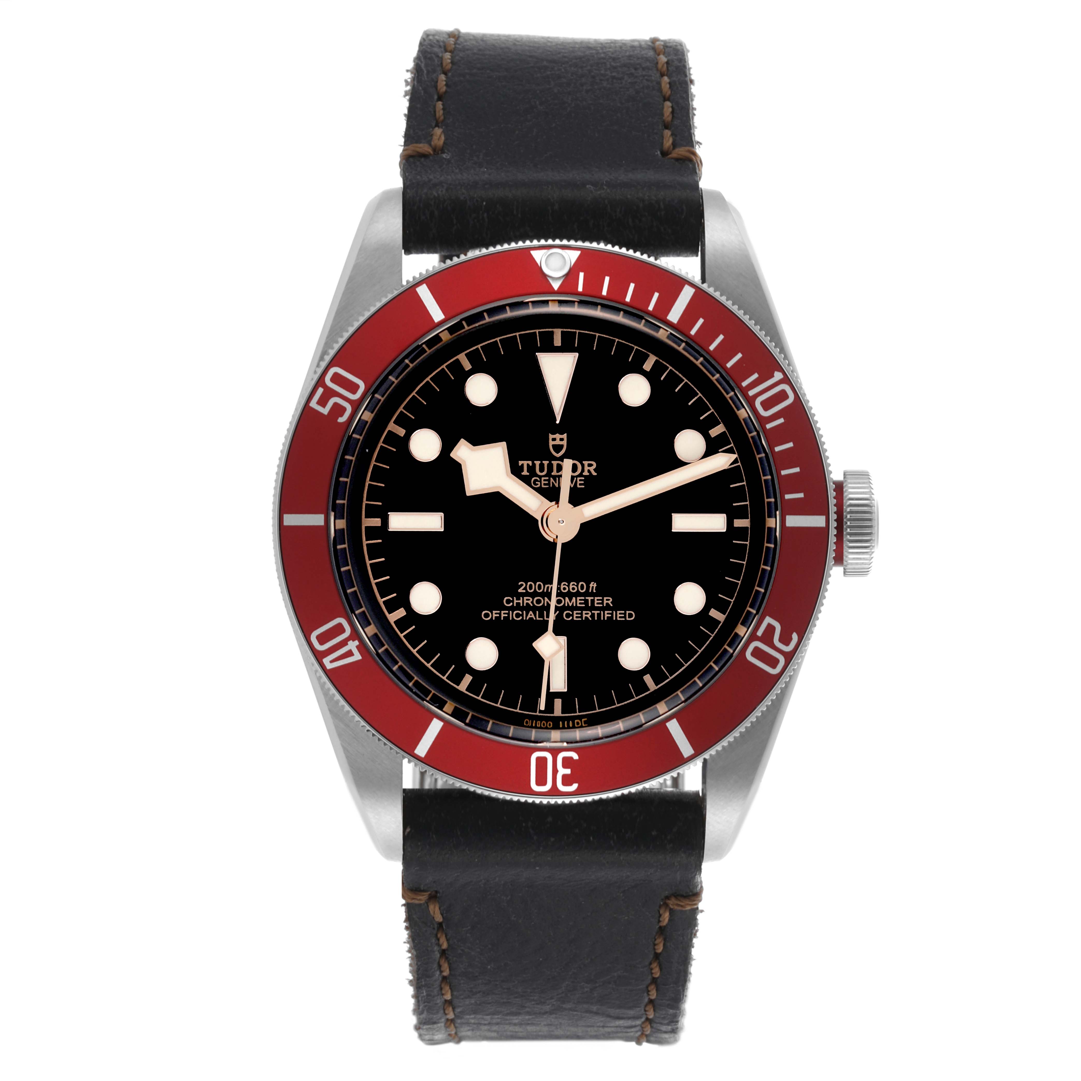 The Tudor Heritage Black Bay 79230R-0011 Men's Stainless Steel Black Dial 79230R-0011 Men's Stainless Steel Black Dial watch is shown from a front angle, displaying its dial, bezel, and leather strap.