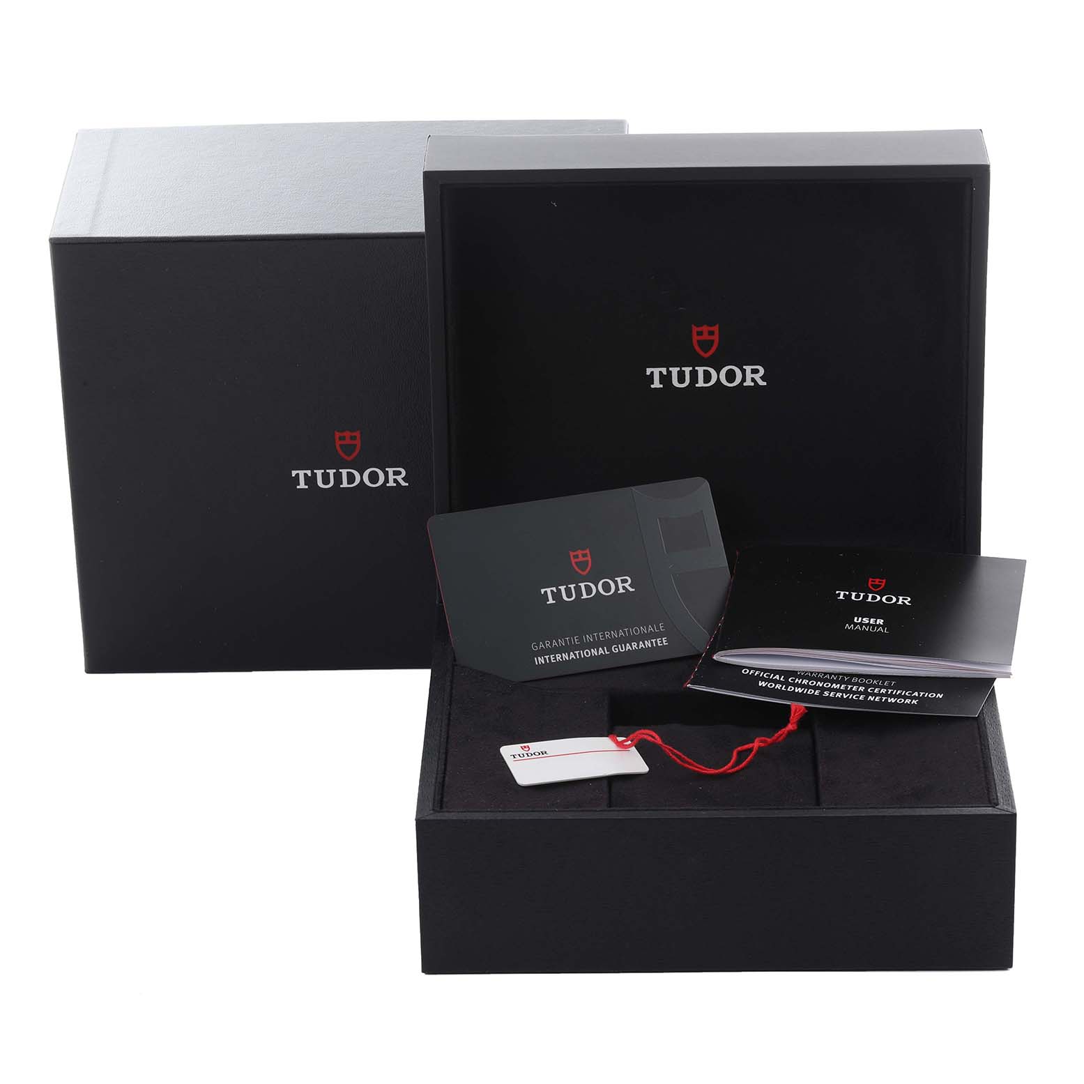 The image shows Tudor Heritage Black Bay 79230R-0011 Men's Stainless Steel Black Dial 79230R-0011 Men's Stainless Steel Black Dial packaging, including the box, warranty card, and manuals, taken from a front angle.