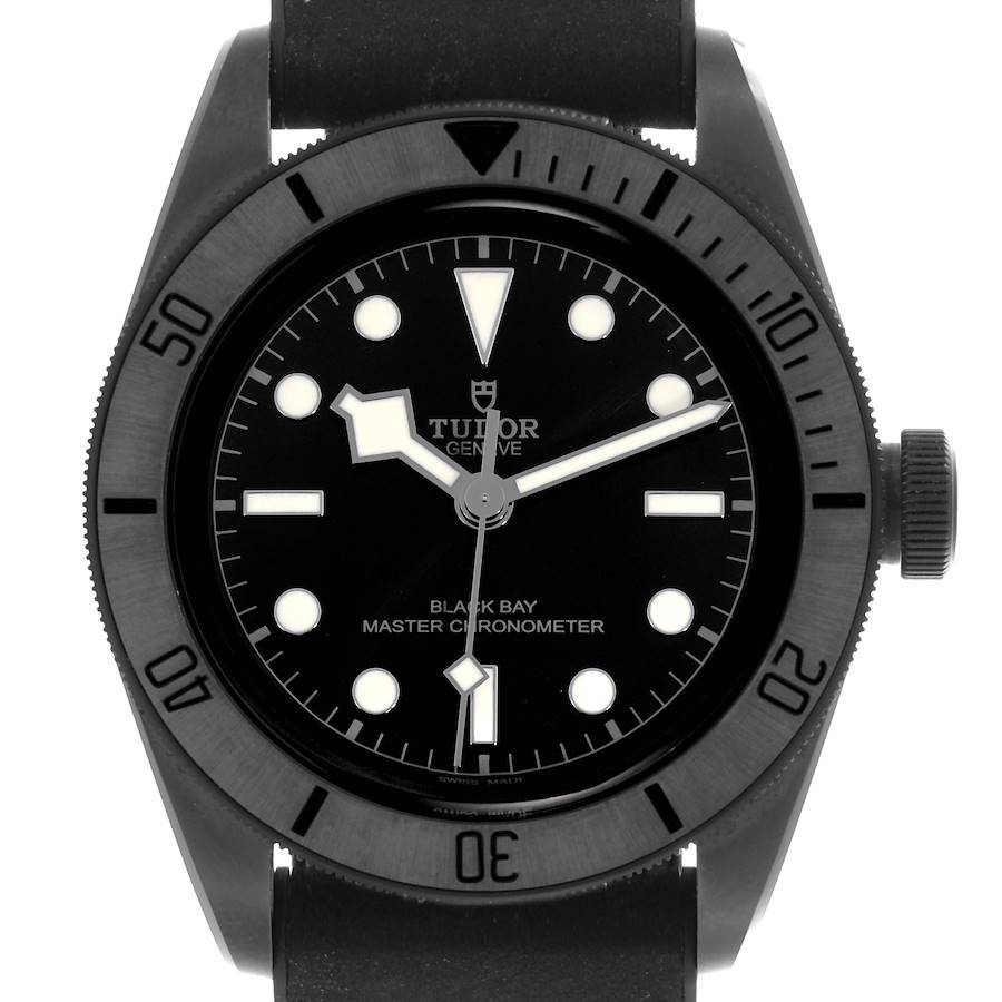 The Tudor Heritage Black Bay watch is shown from the front, highlighting its bezel, dial, hands, and strap.