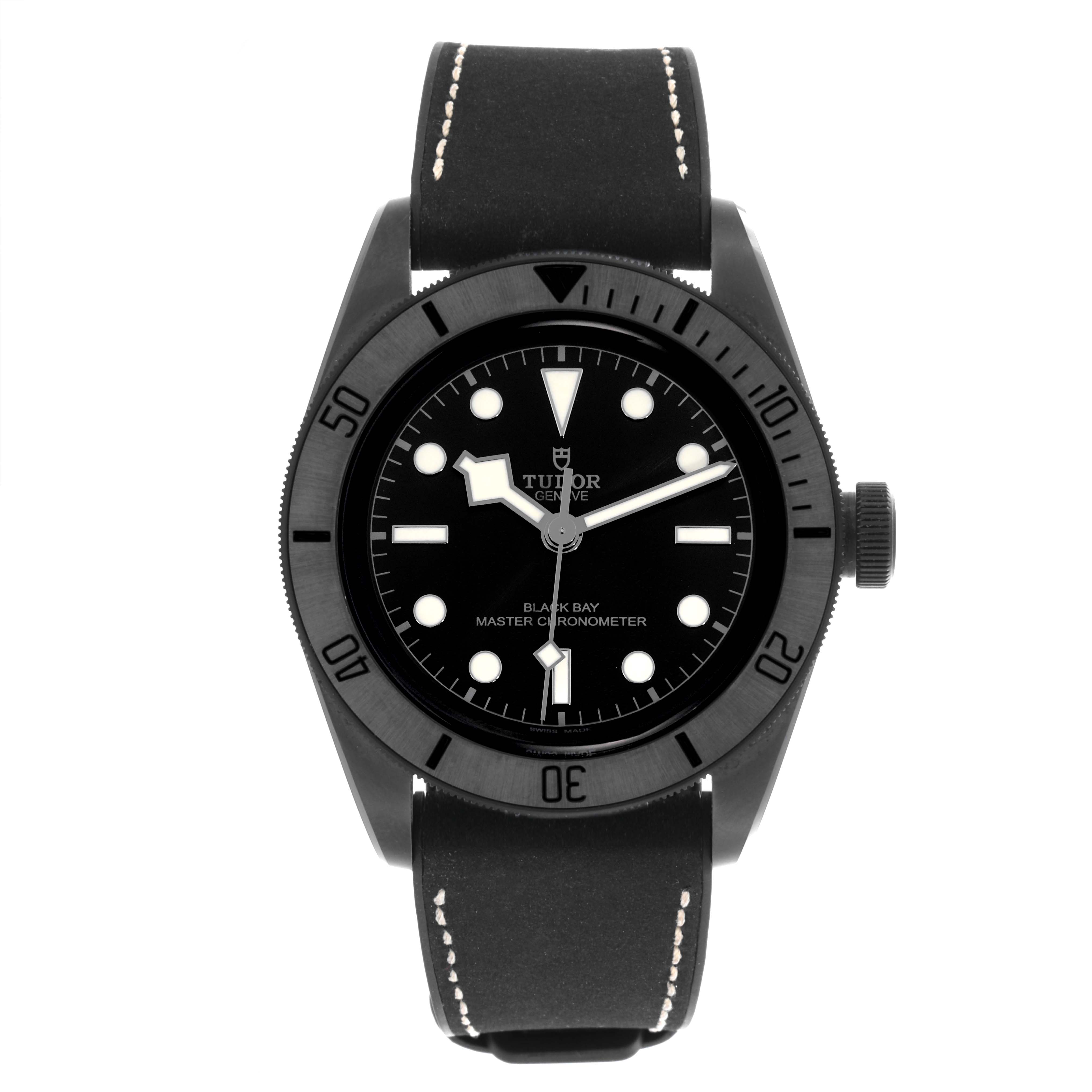 The Tudor Heritage Black Bay 79210CNU Men's Stainless Steel Black Dial 79210CNU Men's Stainless Steel Black Dial watch is shown from a front angle, displaying the face, bezel, and strap.