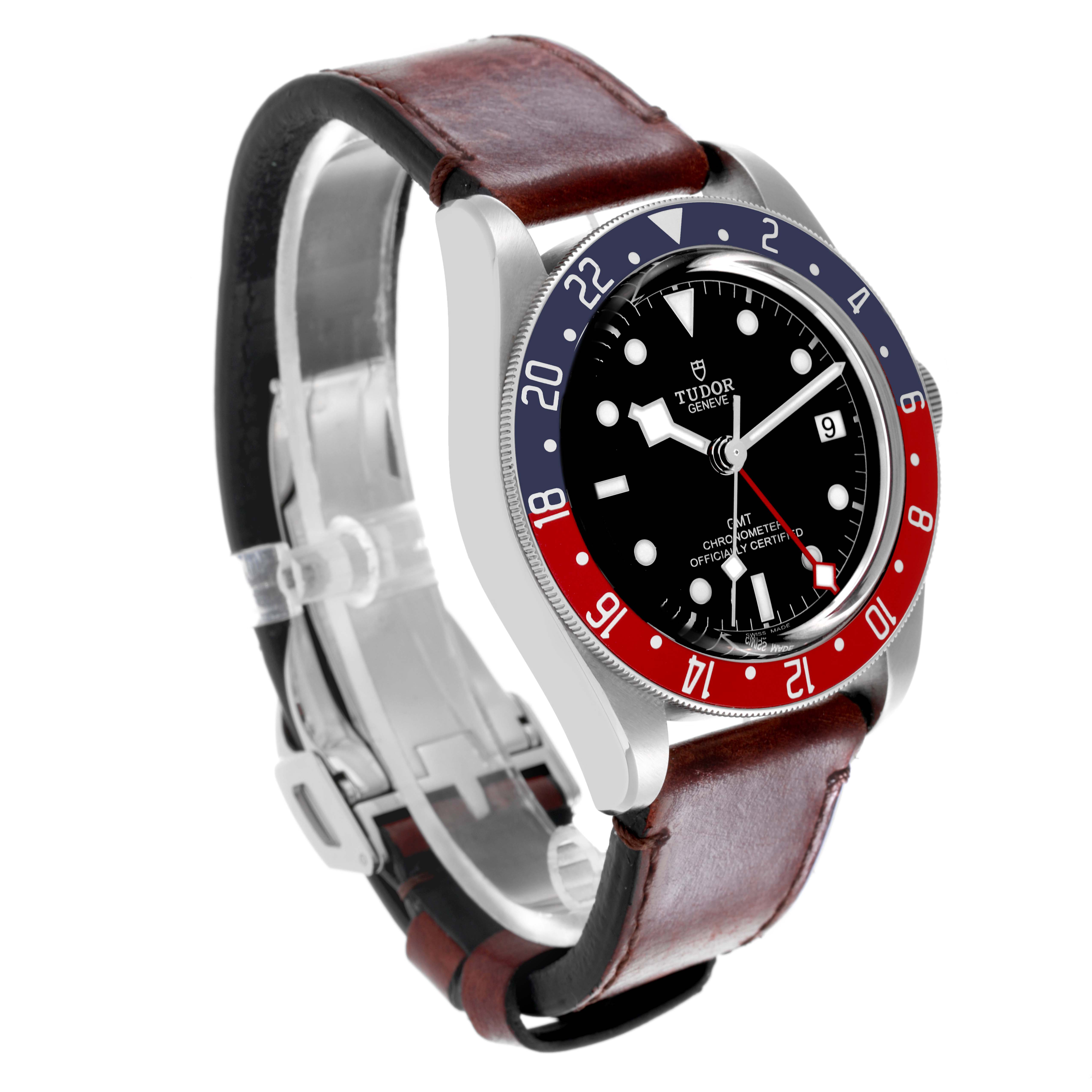 The Tudor Heritage Black Bay 79830RB-0003 Men's Stainless Steel Black Dial 79830RB-0003 Men's Stainless Steel Black Dial watch is shown at an angled side view, displaying its dial, bezel, and leather strap.